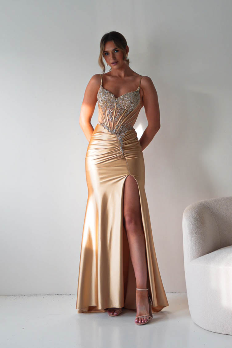 Oh Hello Clothing Dresses > Prom Dresses Becca Embellished Corset Evening Gown | Gold