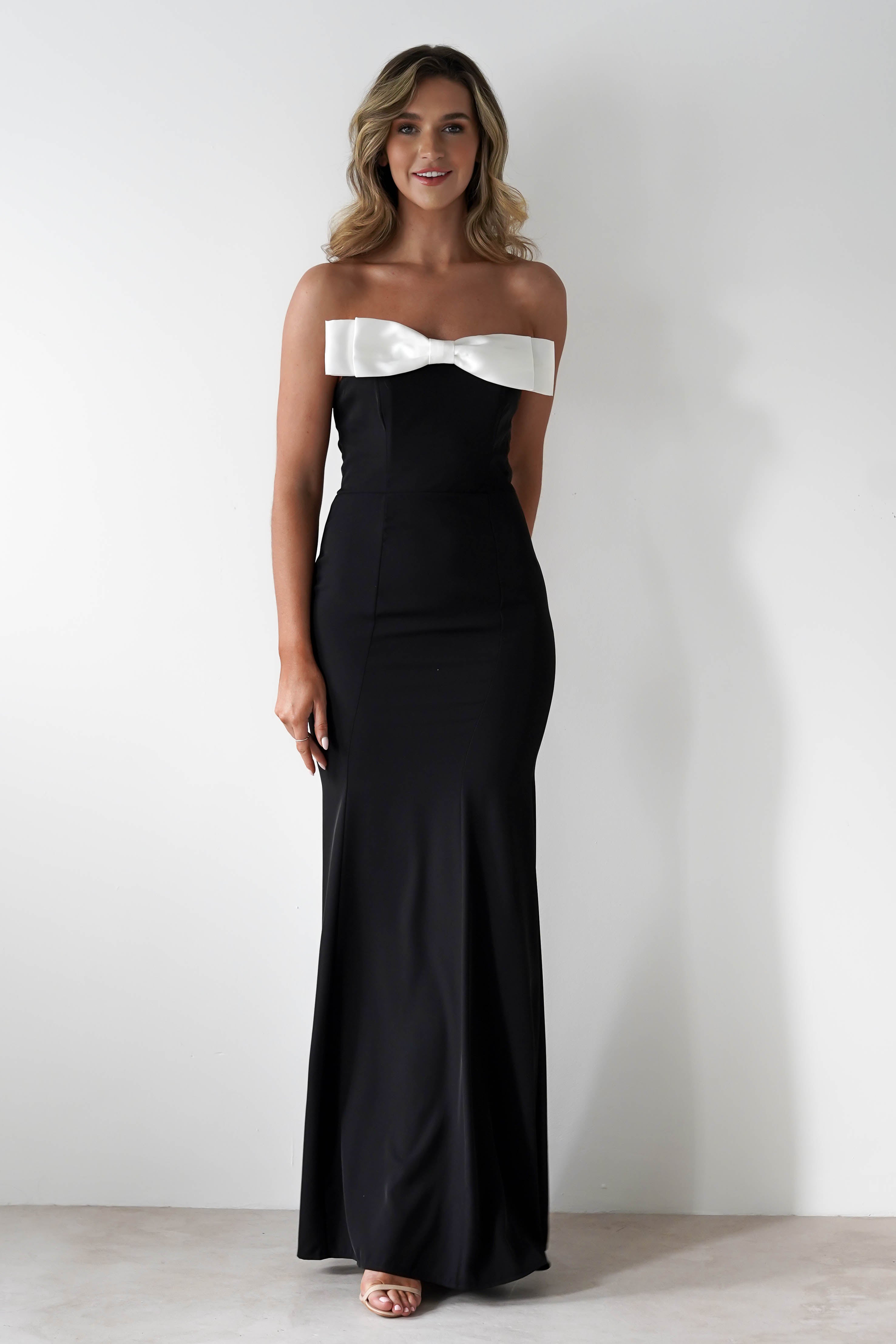 Beckett Strapless Bow Maxi Dress Black/White | Wedding Guest Dress | Maxi | Oh Hello Clothing