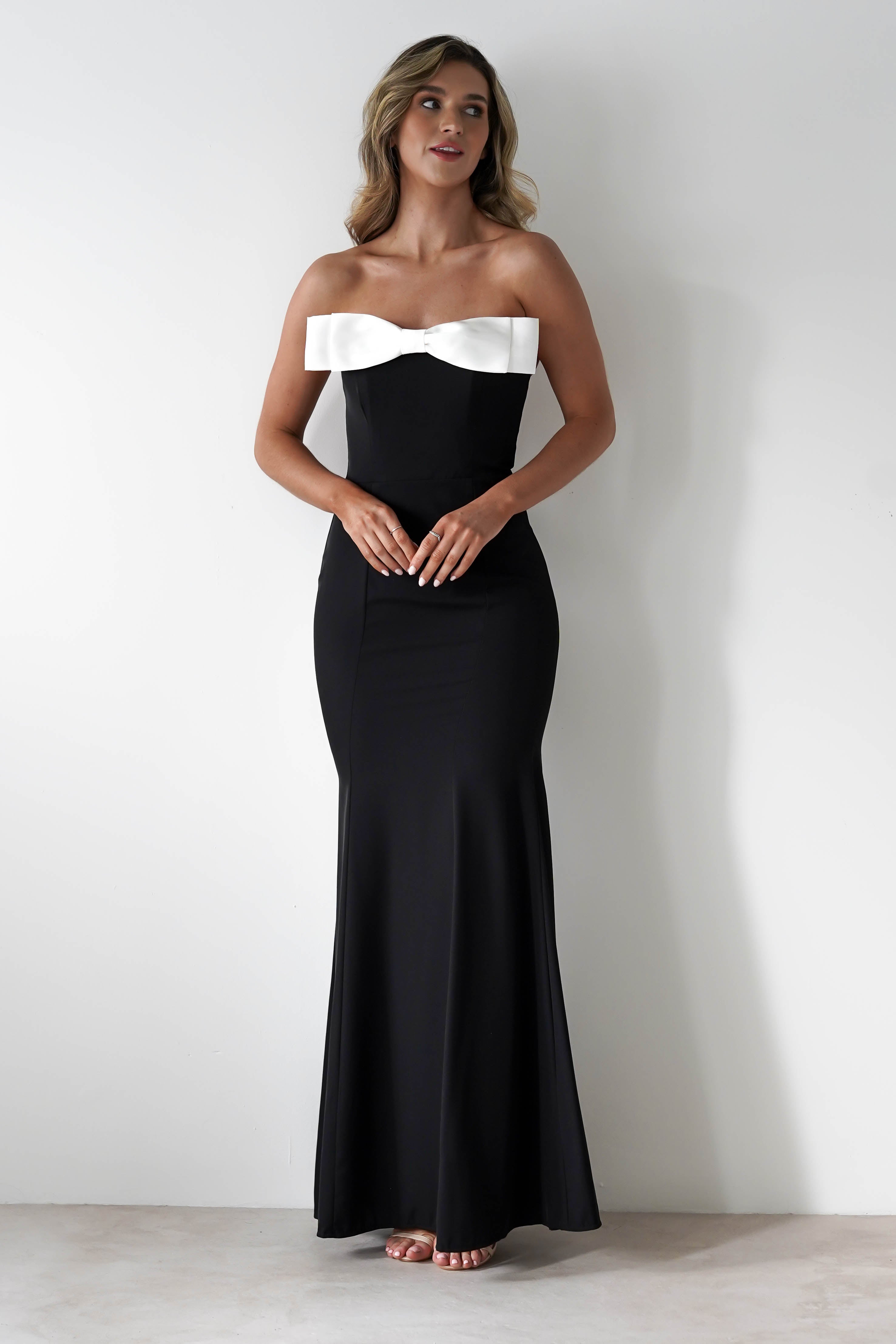 Beckett Strapless Bow Maxi Dress Black/White | Wedding Guest Dress | Maxi | Oh Hello Clothing