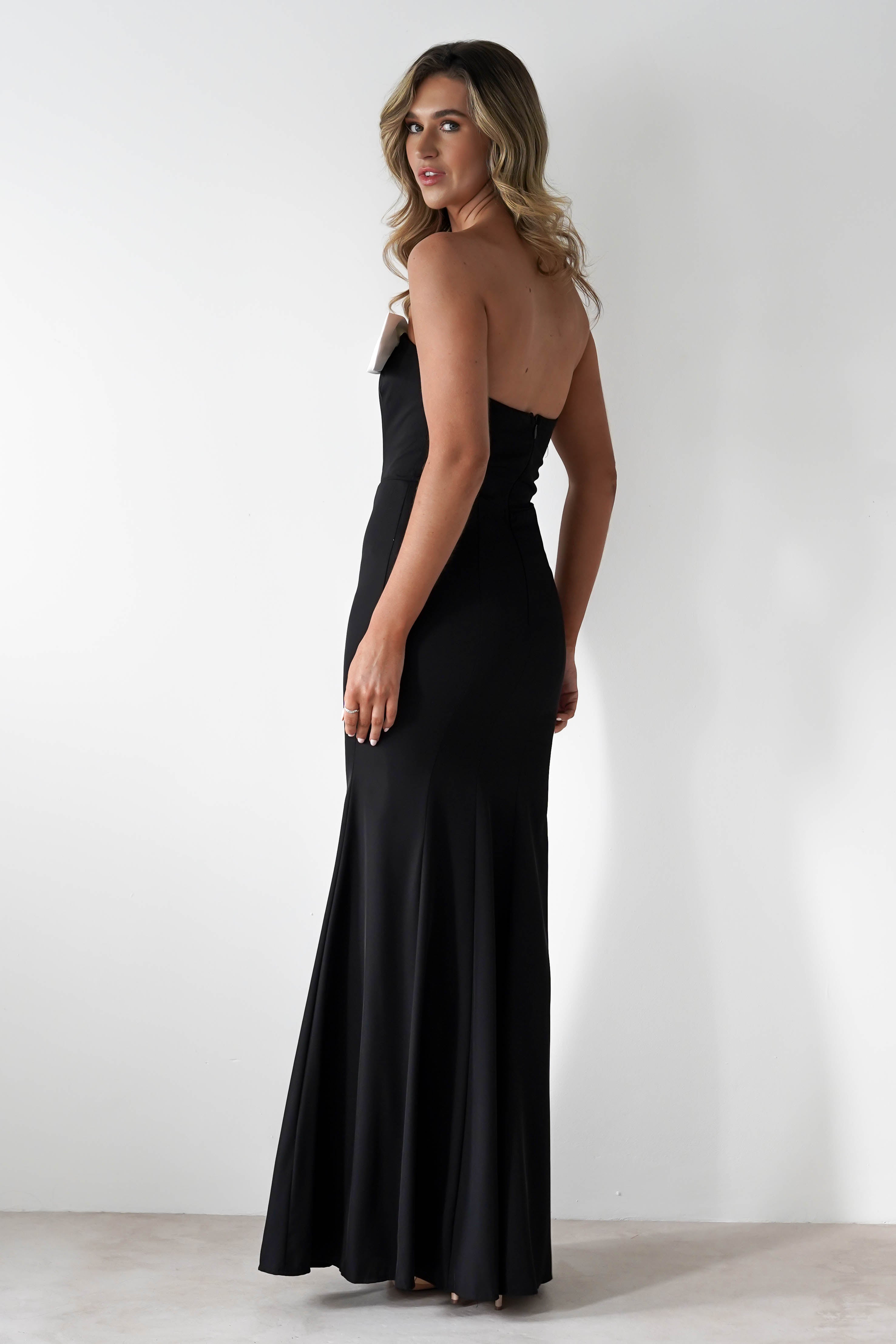 Beckett Strapless Bow Maxi Dress Black/White | Wedding Guest Dress | Maxi | Oh Hello Clothing