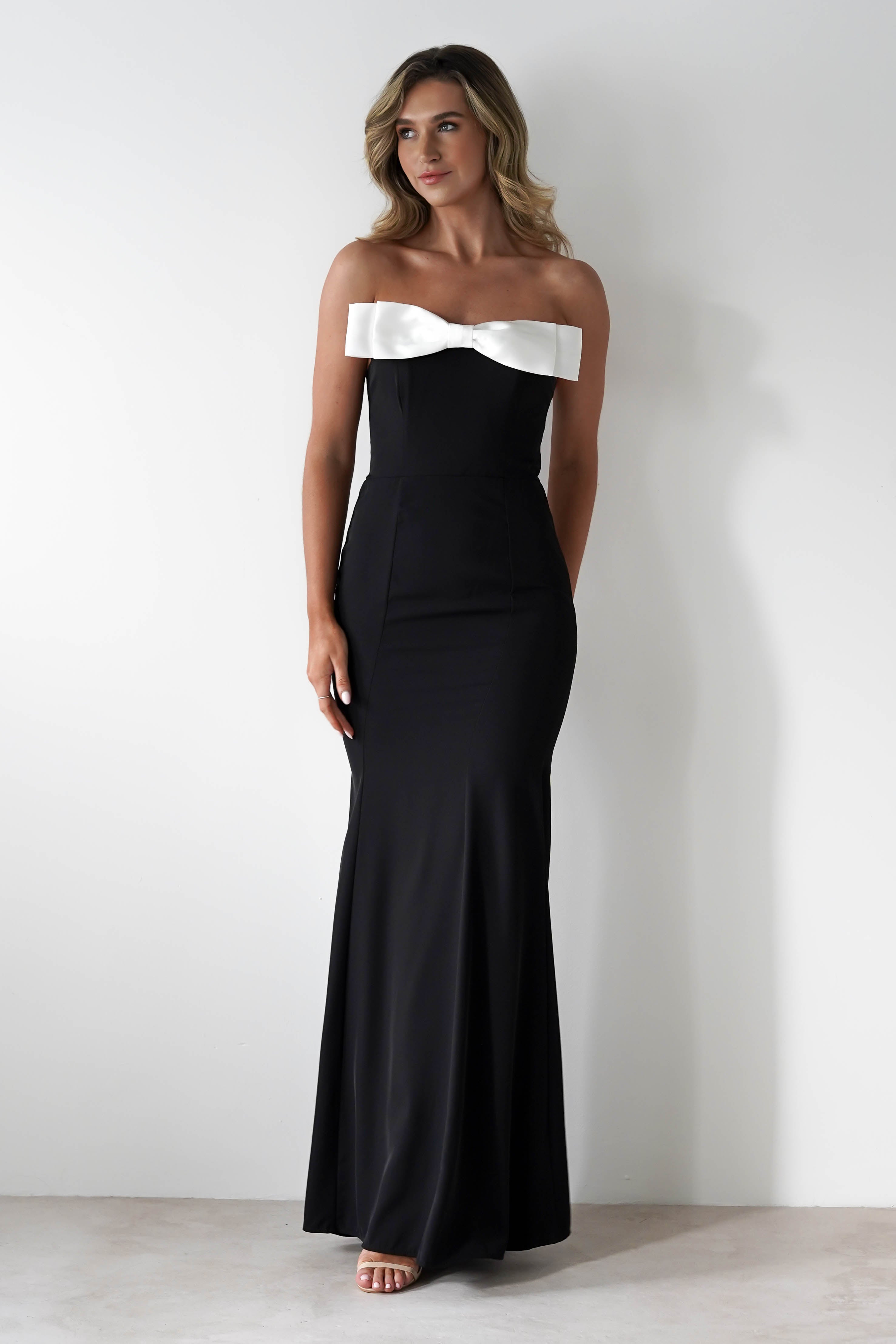 Beckett Strapless Bow Maxi Dress Black/White | Wedding Guest Dress | Maxi | Oh Hello Clothing