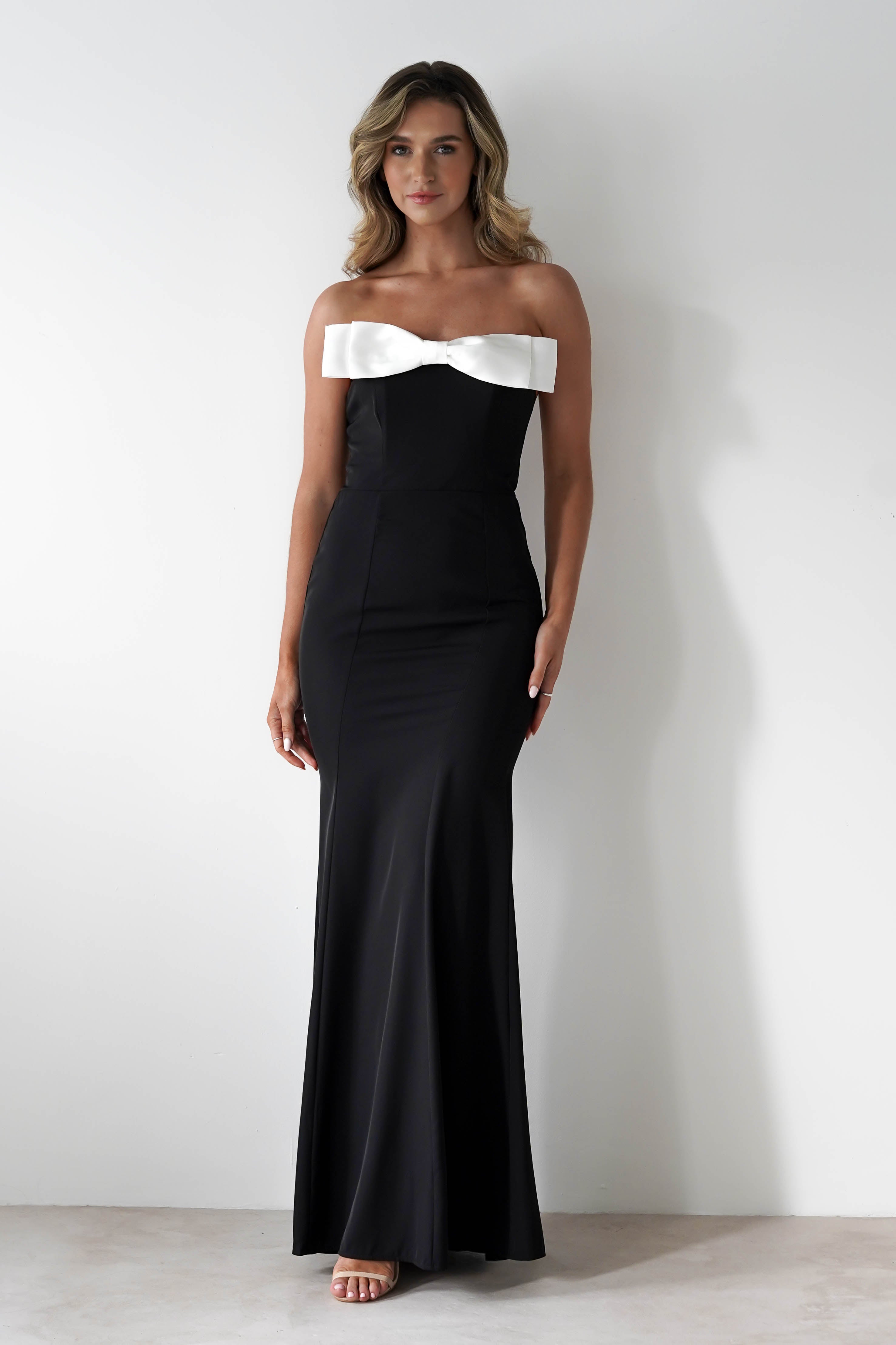 Beckett Strapless Bow Maxi Dress Black/White | Wedding Guest Dress | Maxi | Oh Hello Clothing