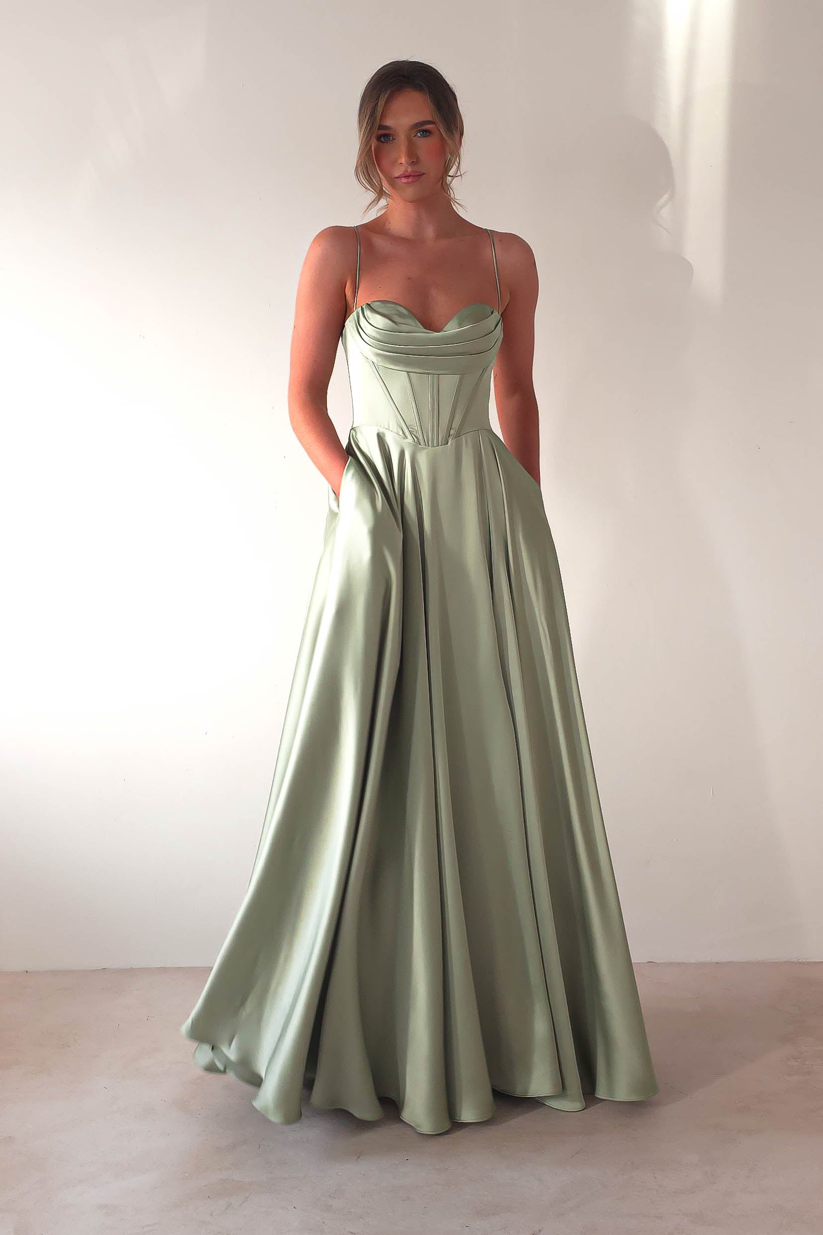 Bella Luxe Aline Satin Gown | Sage | Oh Hello Clothing