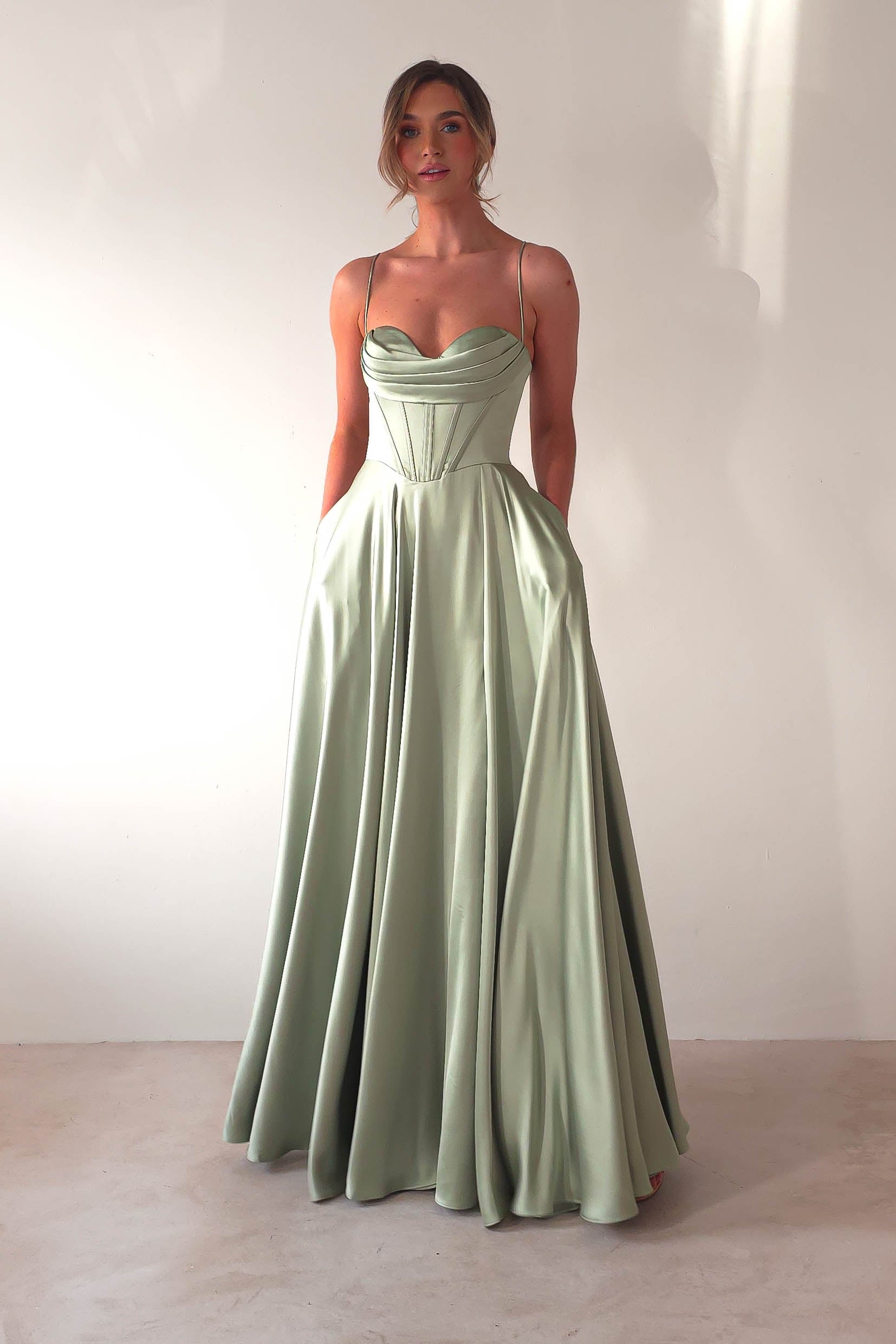 Bella Luxe Aline Satin Gown | Sage | Oh Hello Clothing