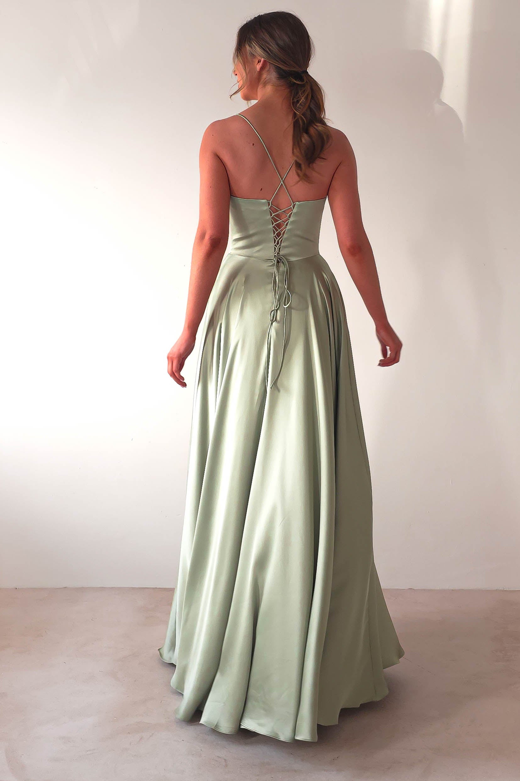 Bella Luxe Aline Satin Gown | Sage | Oh Hello Clothing