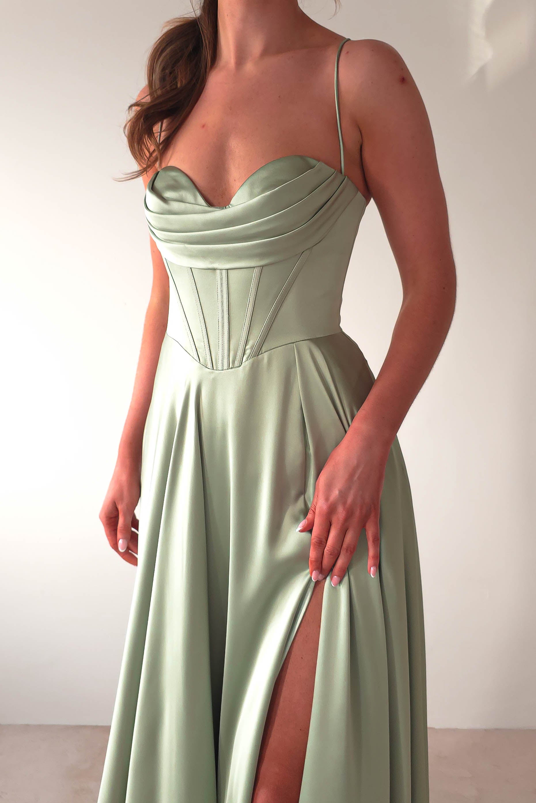Bella Luxe Aline Satin Gown | Sage | Oh Hello Clothing
