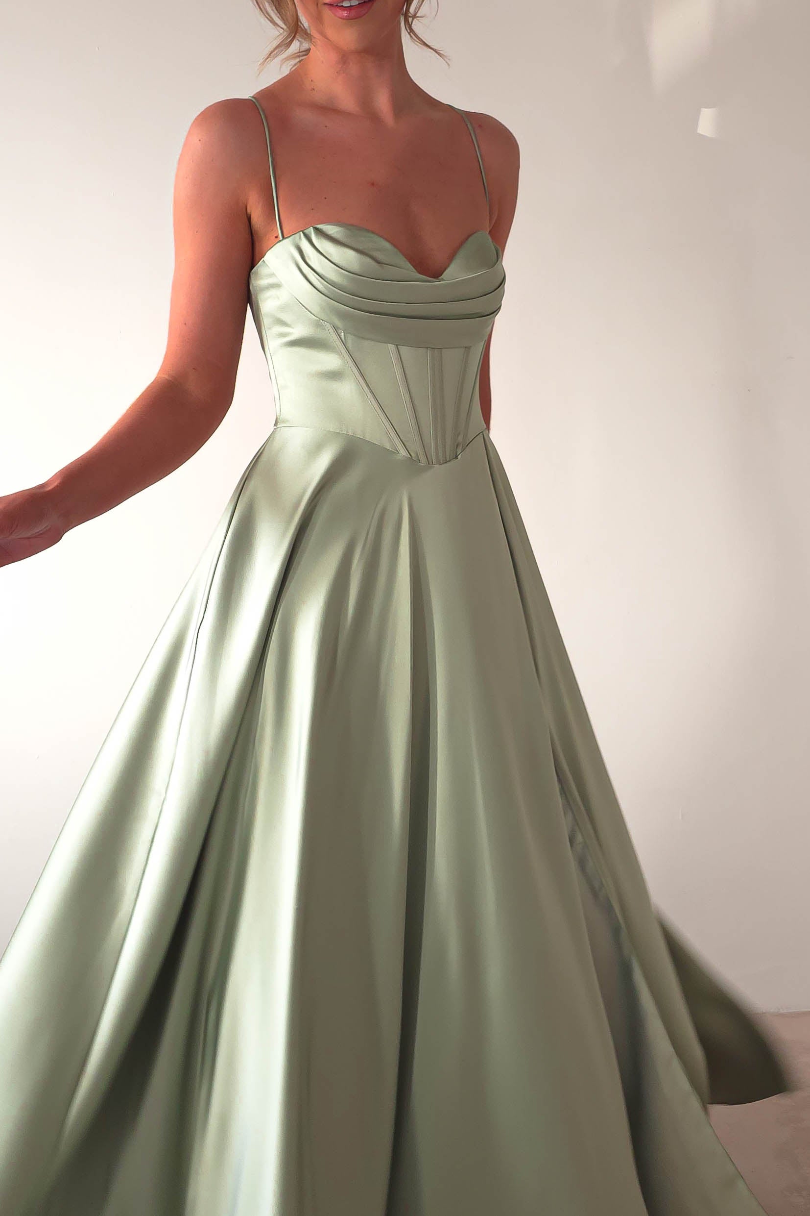 Bella Luxe Aline Satin Gown | Sage | Oh Hello Clothing