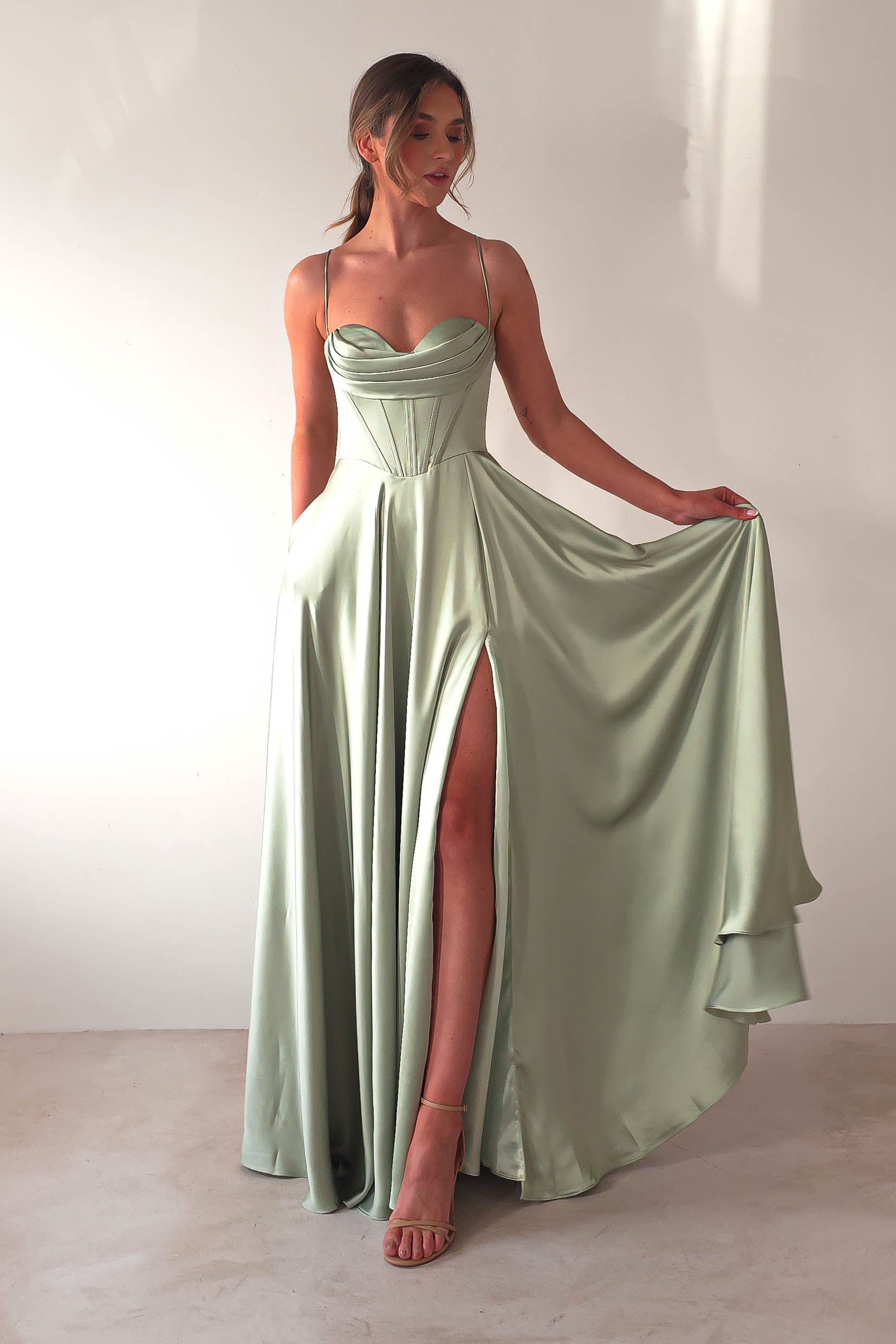 Bella Luxe Aline Satin Gown | Sage | Oh Hello Clothing