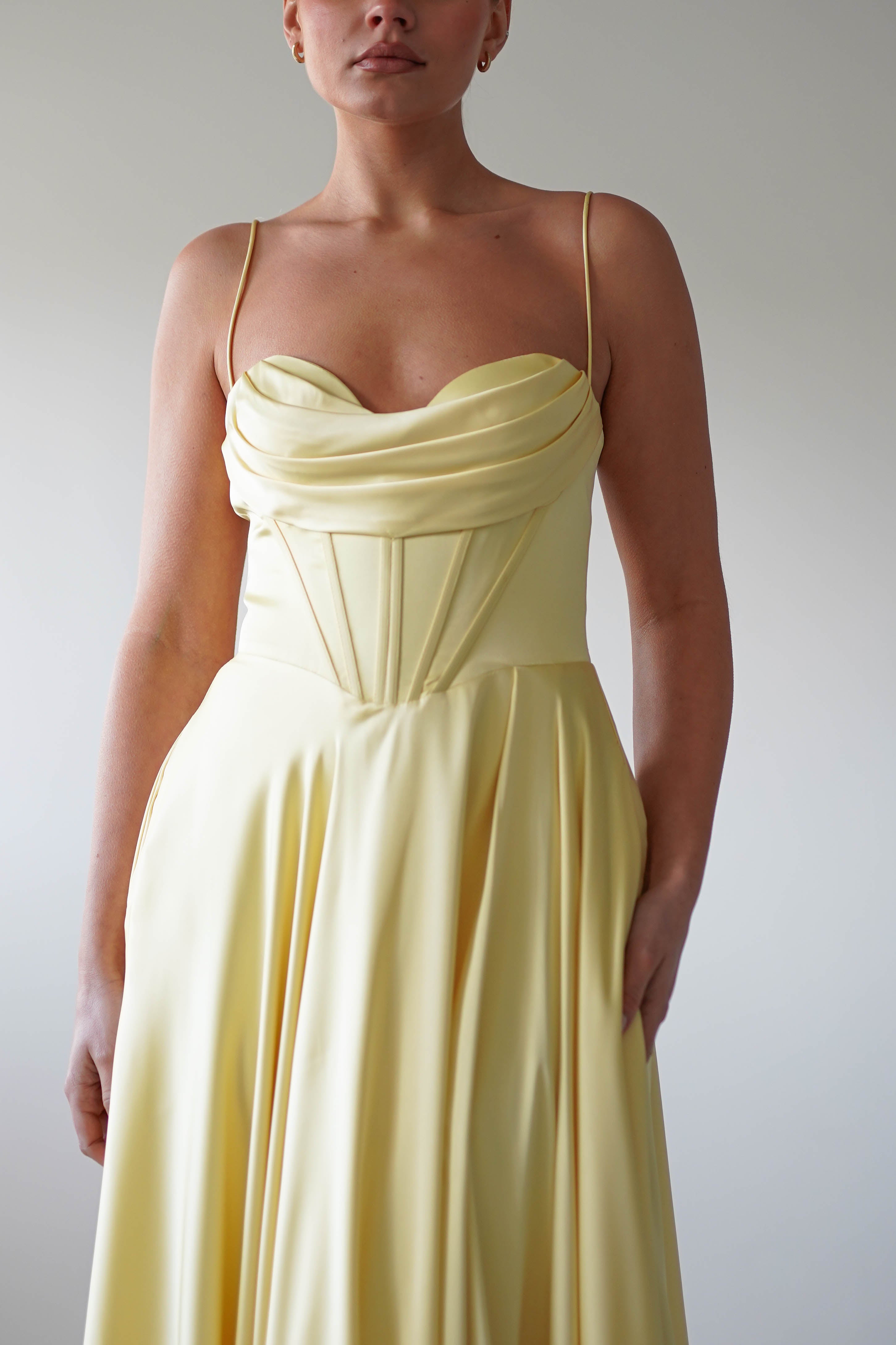Bella Luxe Aline Satin Gown | Yellow | Debs & Prom | Formal Gown | Oh Hello Clothing
