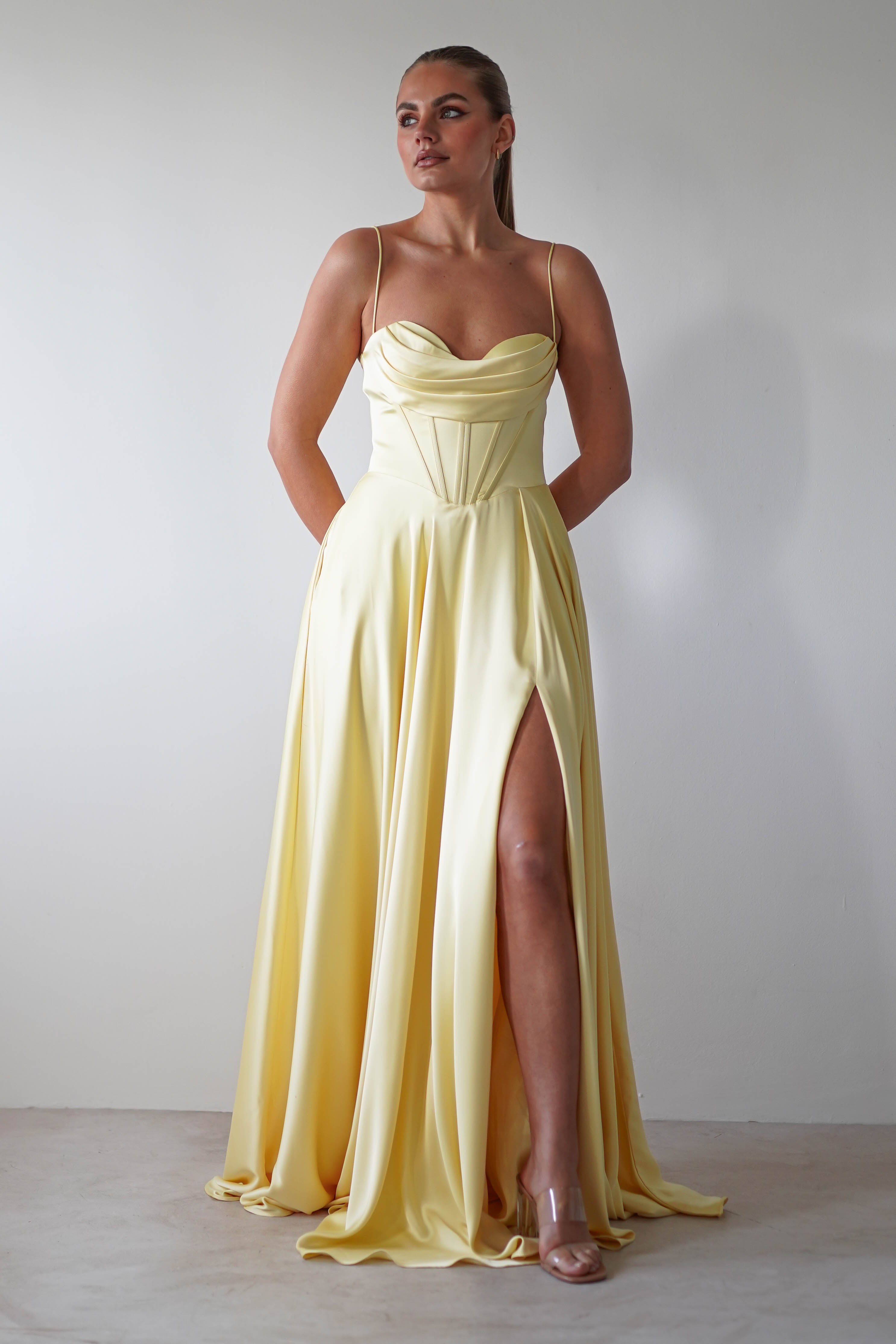 Bella Luxe Aline Satin Gown | Yellow | Debs & Prom | Formal Gown | Oh Hello Clothing
