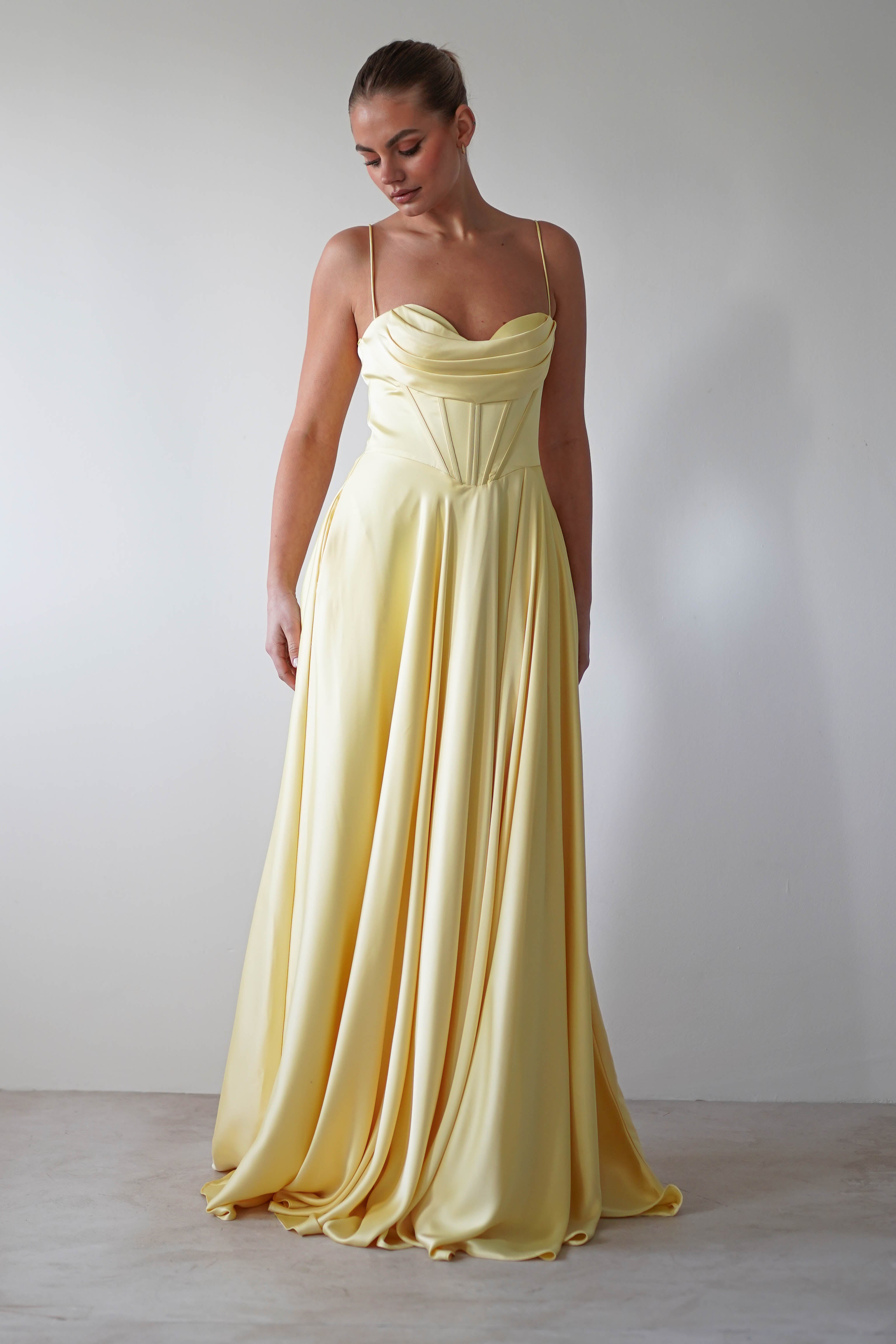 Bella Luxe Aline Satin Gown | Yellow | Debs & Prom | Formal Gown | Oh Hello Clothing