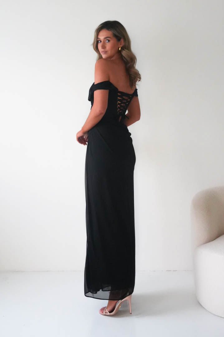 Oh Hello Clothing Dresses 1*Done-Berkley Draped Mesh Corset Maxi Gown | black