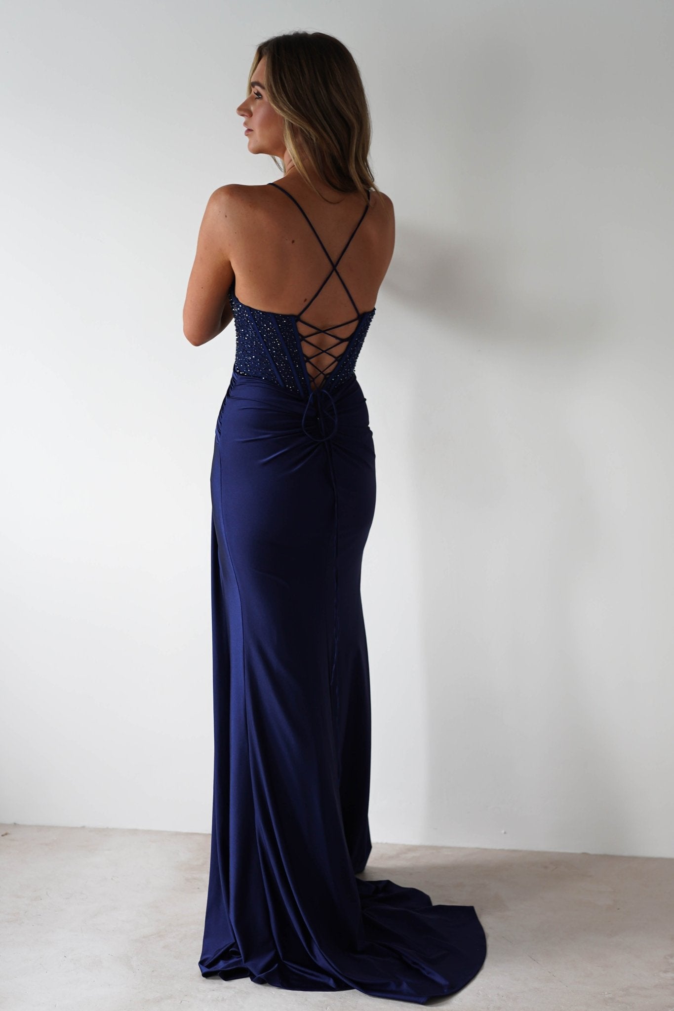 Breanna Draped Embellished Gown | Navy | Debs & Prom | Formal Gown | Oh Hello Clothing