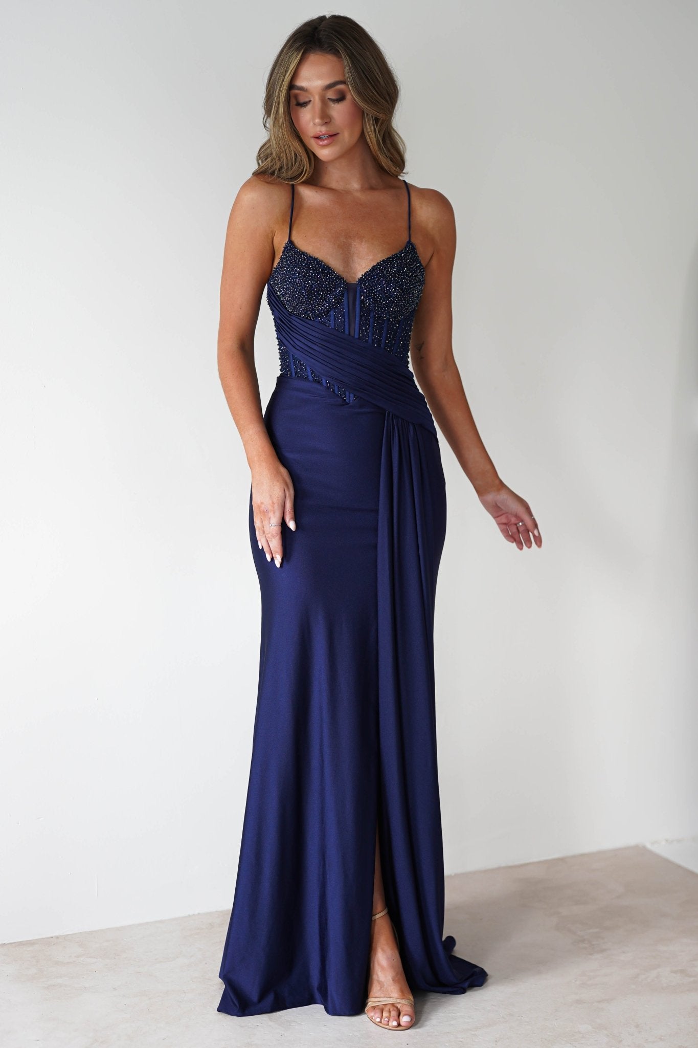 Breanna Draped Embellished Gown | Navy | Debs & Prom | Formal Gown | Oh Hello Clothing
