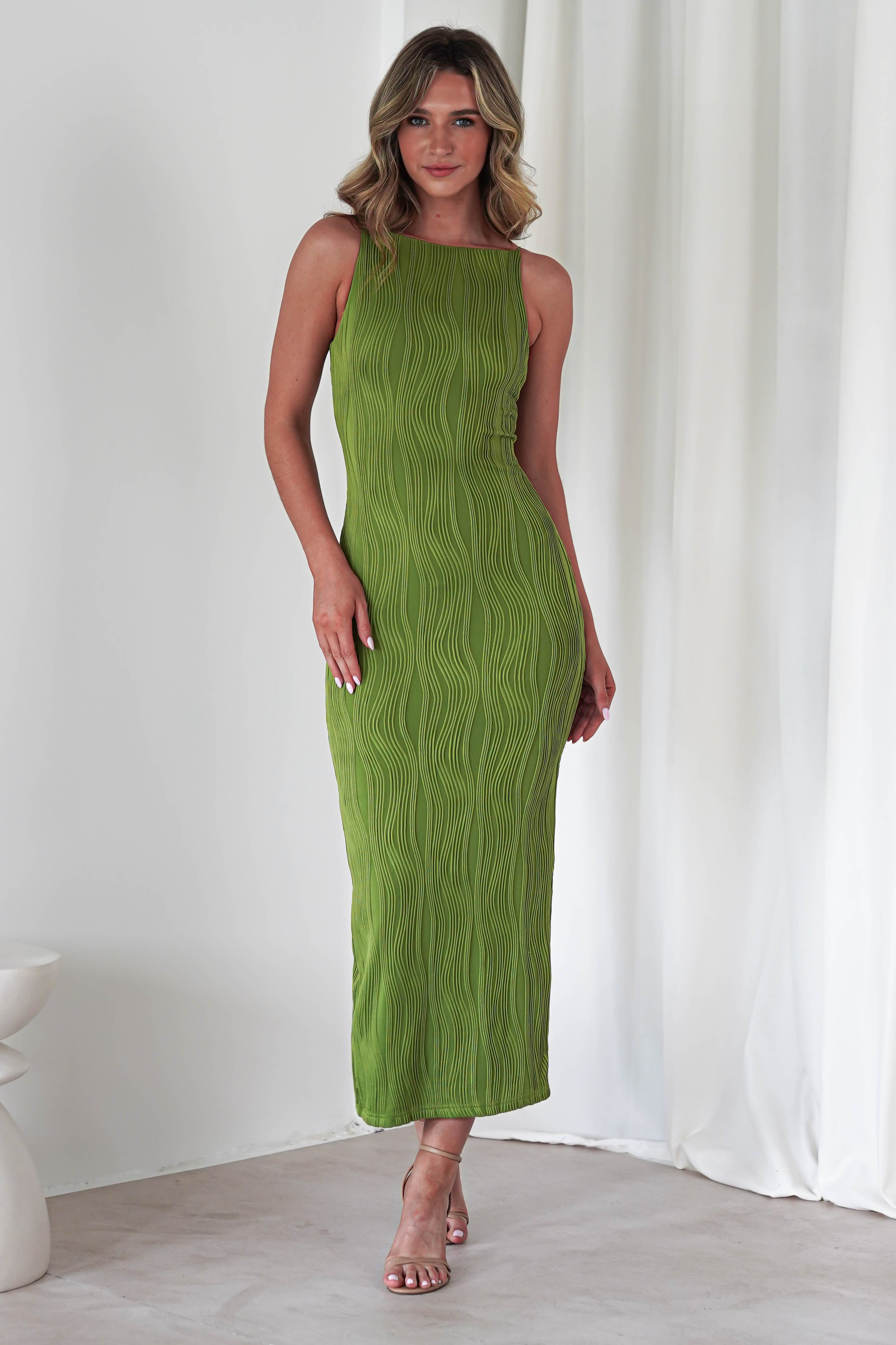 Brighton Textured Bodycon Midaxi Dress Green | Wedding Guest Dress | Bodycon | Oh Hello Clothing