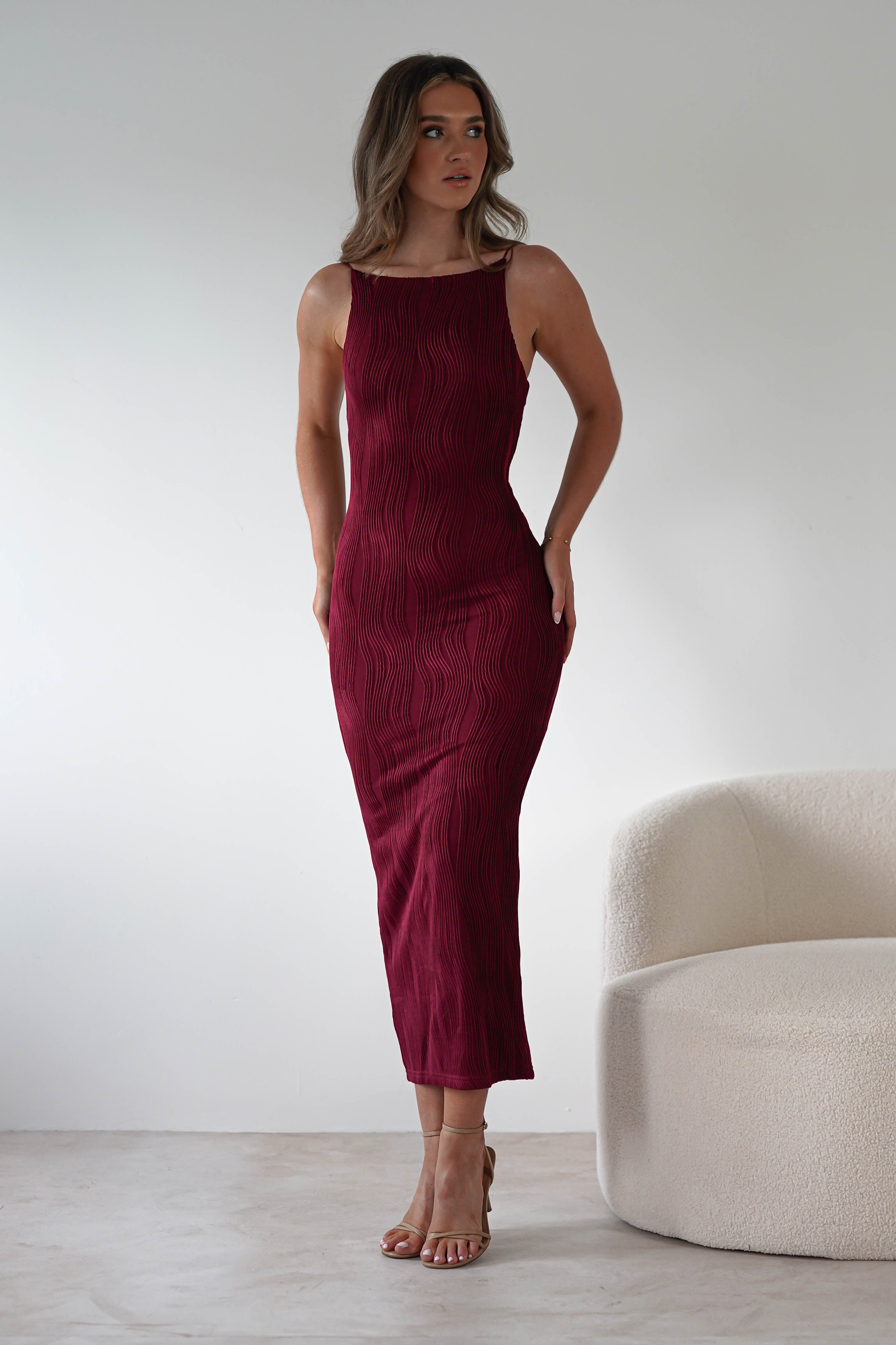 Brighton Textured Bodycon Midaxi Dress Wine | Wedding Guest Dress | Bodycon | Oh Hello Clothing