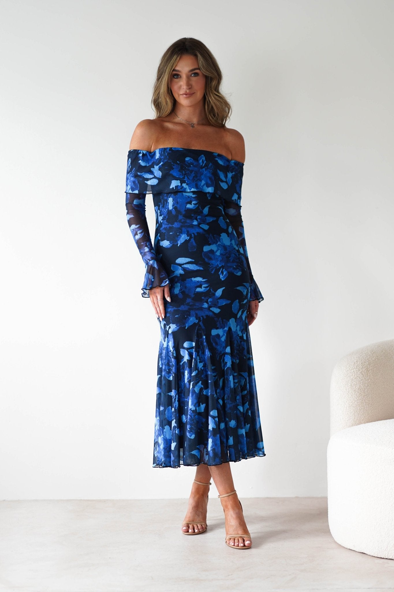 Bryanna Long Sleeve Mesh Maxi Dress Blue Floral | Wedding Guest Dress | Long Sleeve | Maxi | Oh Hello Clothing