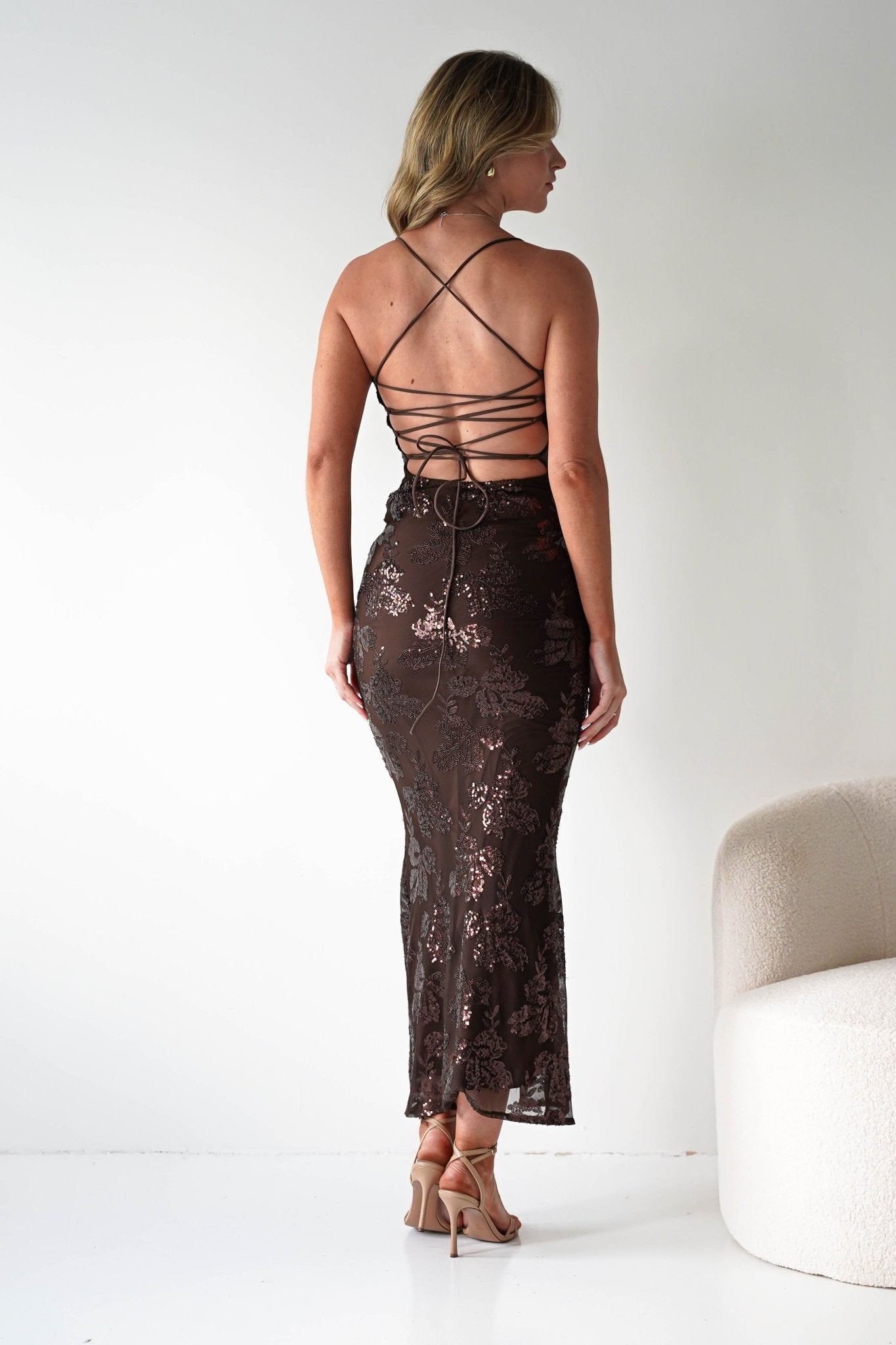 Calle Bodycon Sequin Maxi Dress | Brown | Party | Formal Dress | Oh Hello Clothing