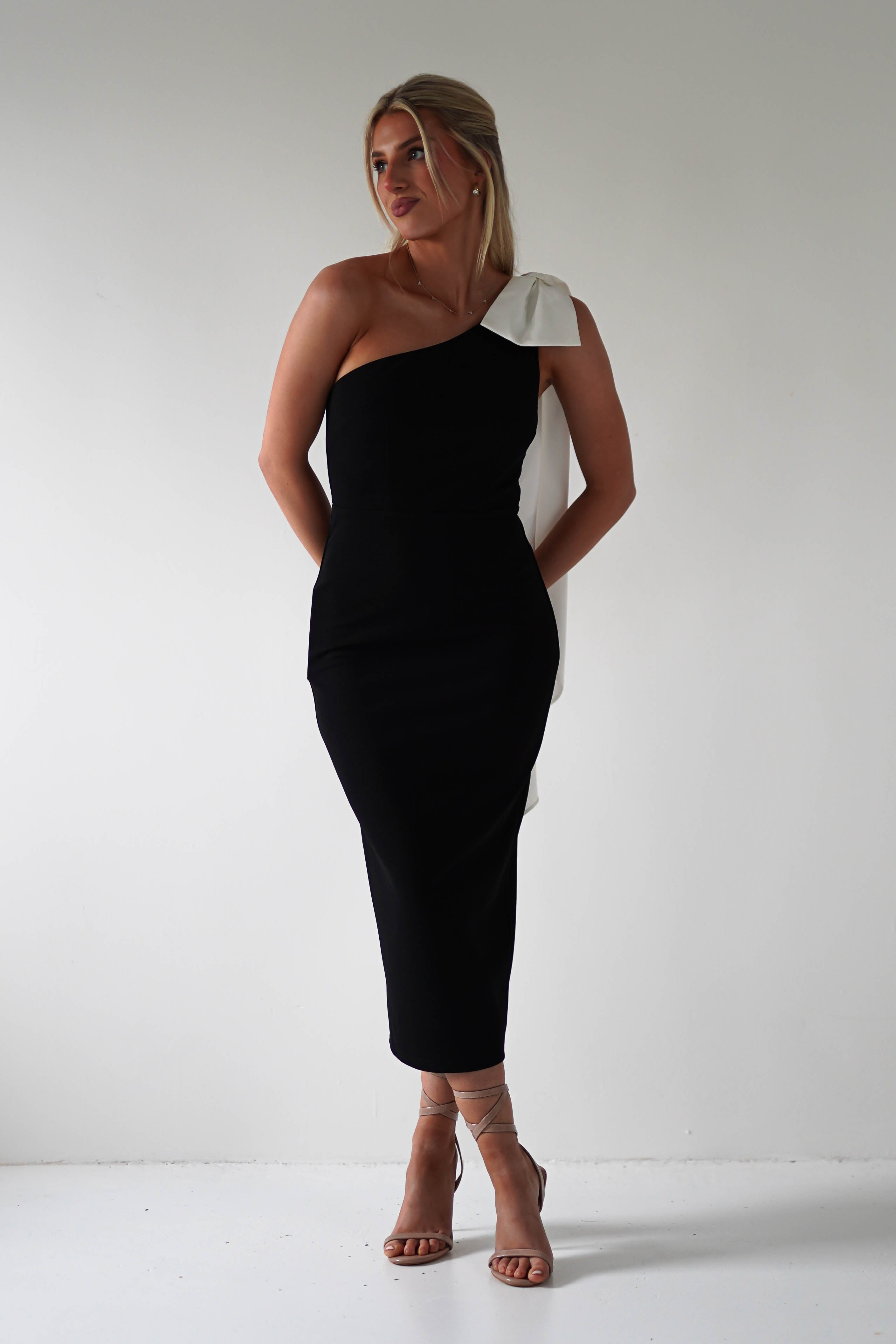 Camella Bodycon Bow Detail Midi Dress Black | Wedding Guest Dress | Bodycon | Midi | Oh Hello Clothing