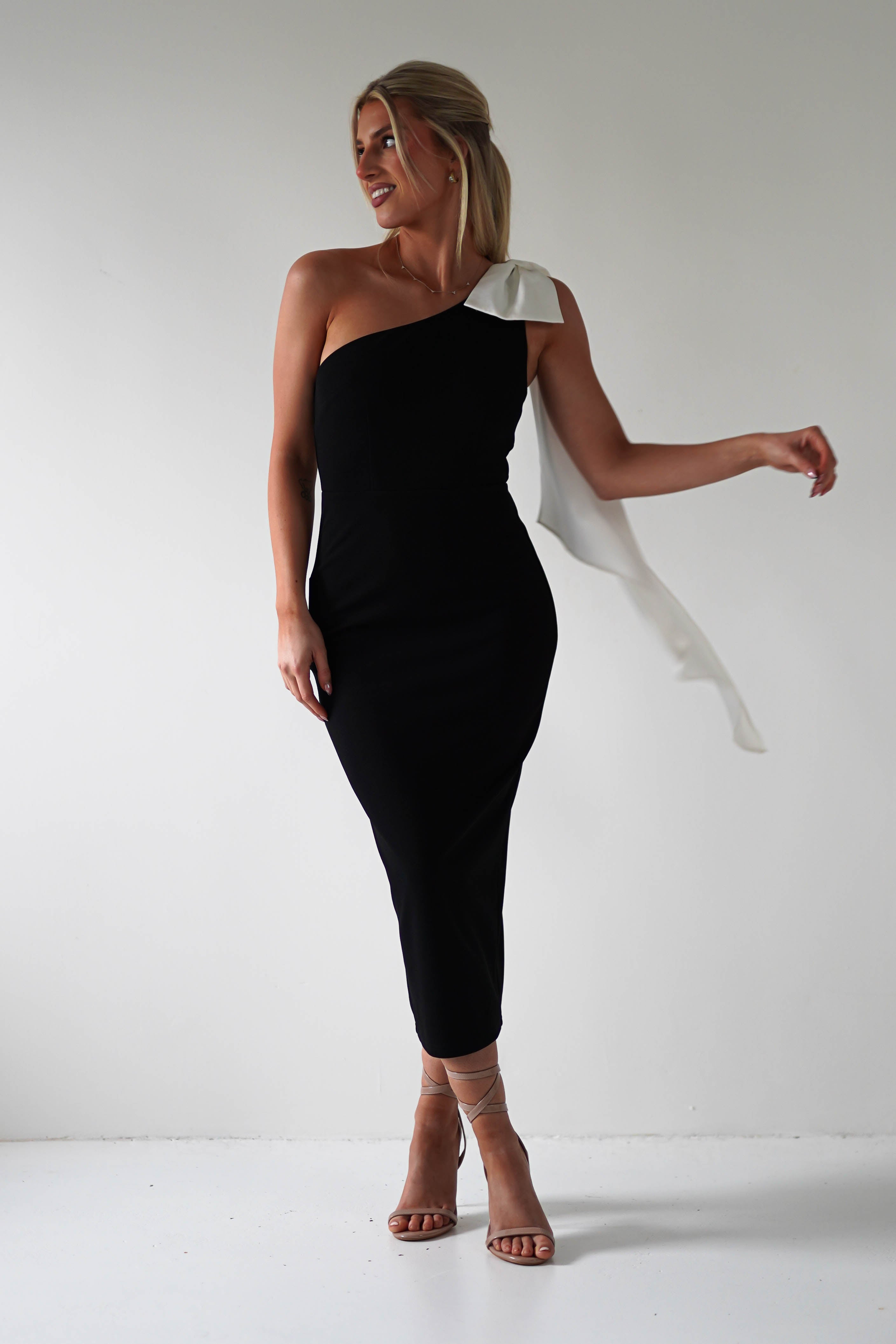 Camella Bodycon Bow Detail Midi Dress Black | Wedding Guest Dress | Bodycon | Midi | Oh Hello Clothing