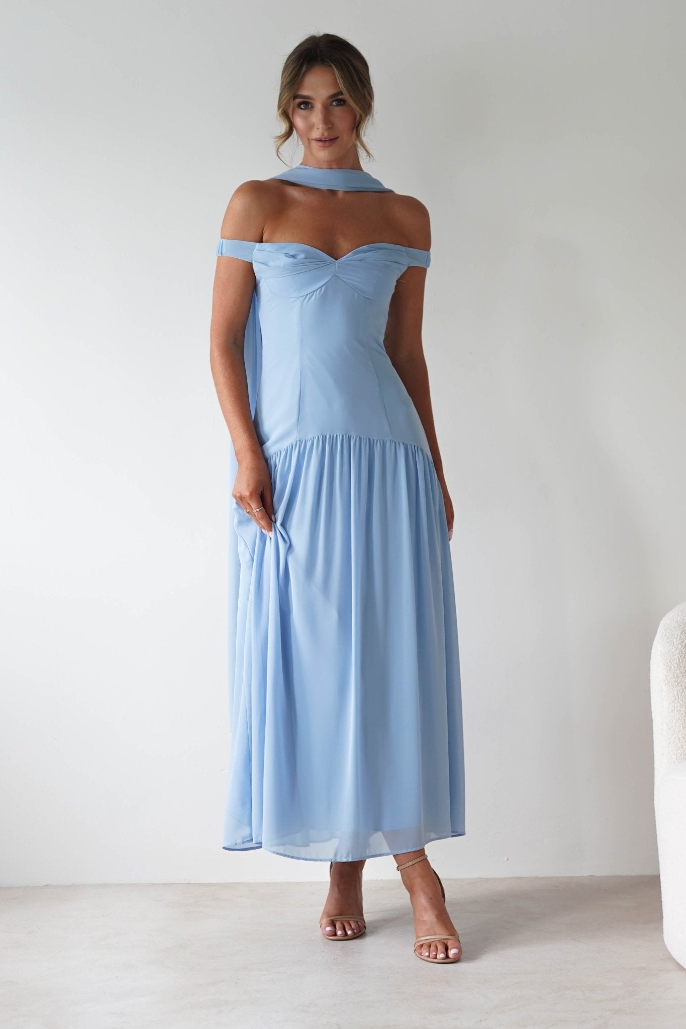 Cassandra Chiffon Skater Maxi Dress Blue | Wedding Guest Dress | Maxi | Skater | Oh Hello Clothing