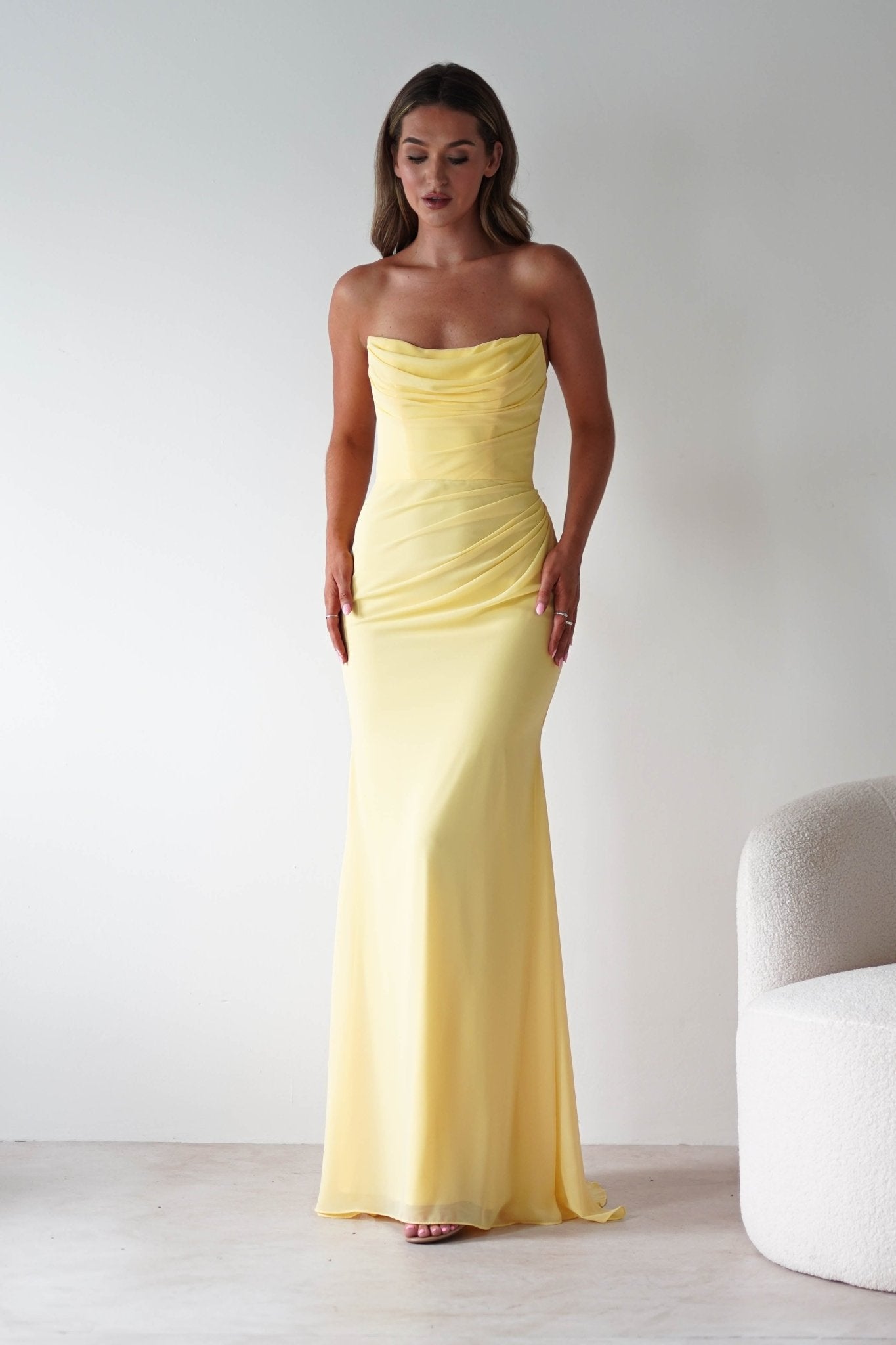 Caterina Strapless Chiffon Maxi Dress Yellow | Wedding Guest Dress | Maxi | Chiffon | Oh Hello Clothing
