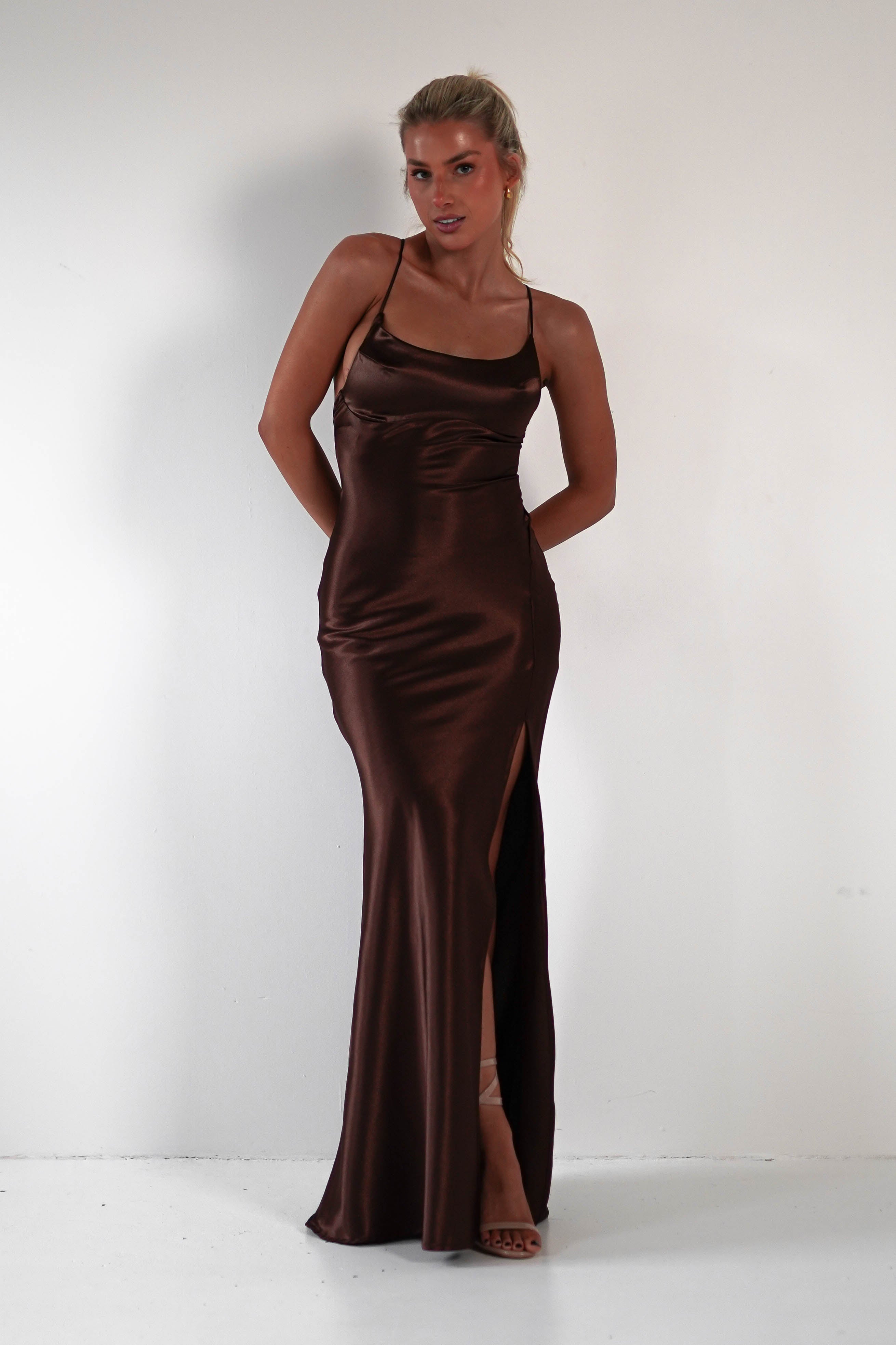 Celinee Satin Maxi Gown | Brown | Debs & Prom | Formal Gown | Oh Hello Clothing
