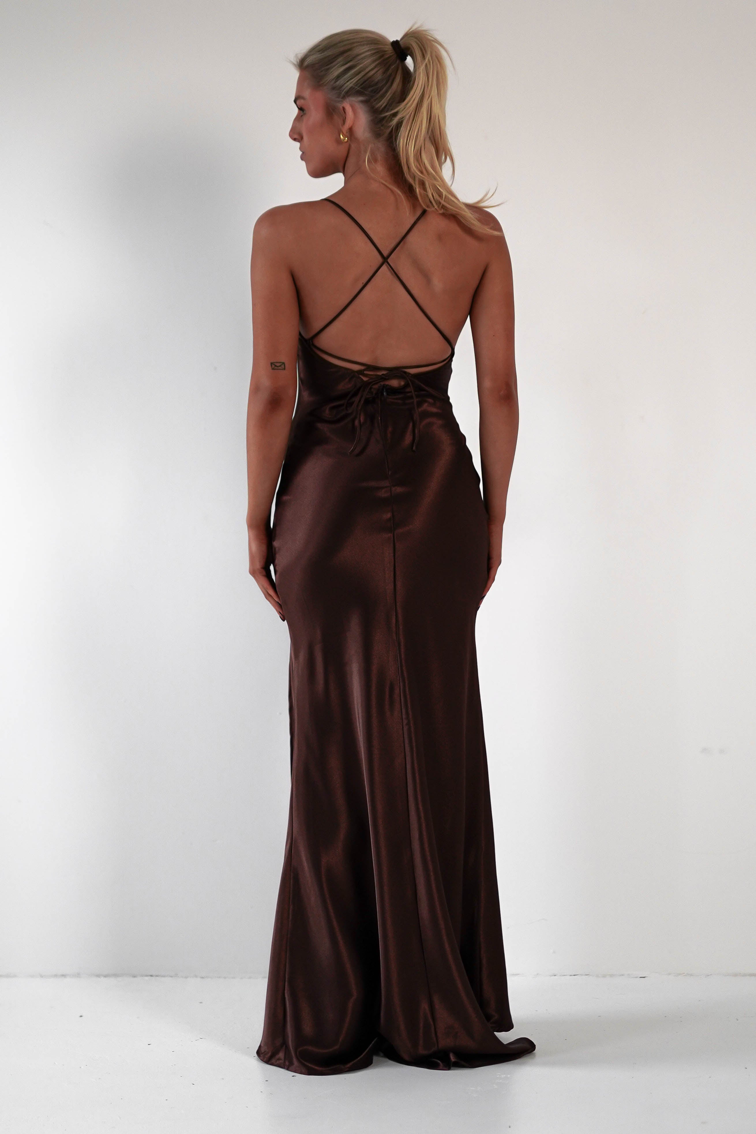 Celinee Satin Maxi Gown | Brown | Debs & Prom | Formal Gown | Oh Hello Clothing