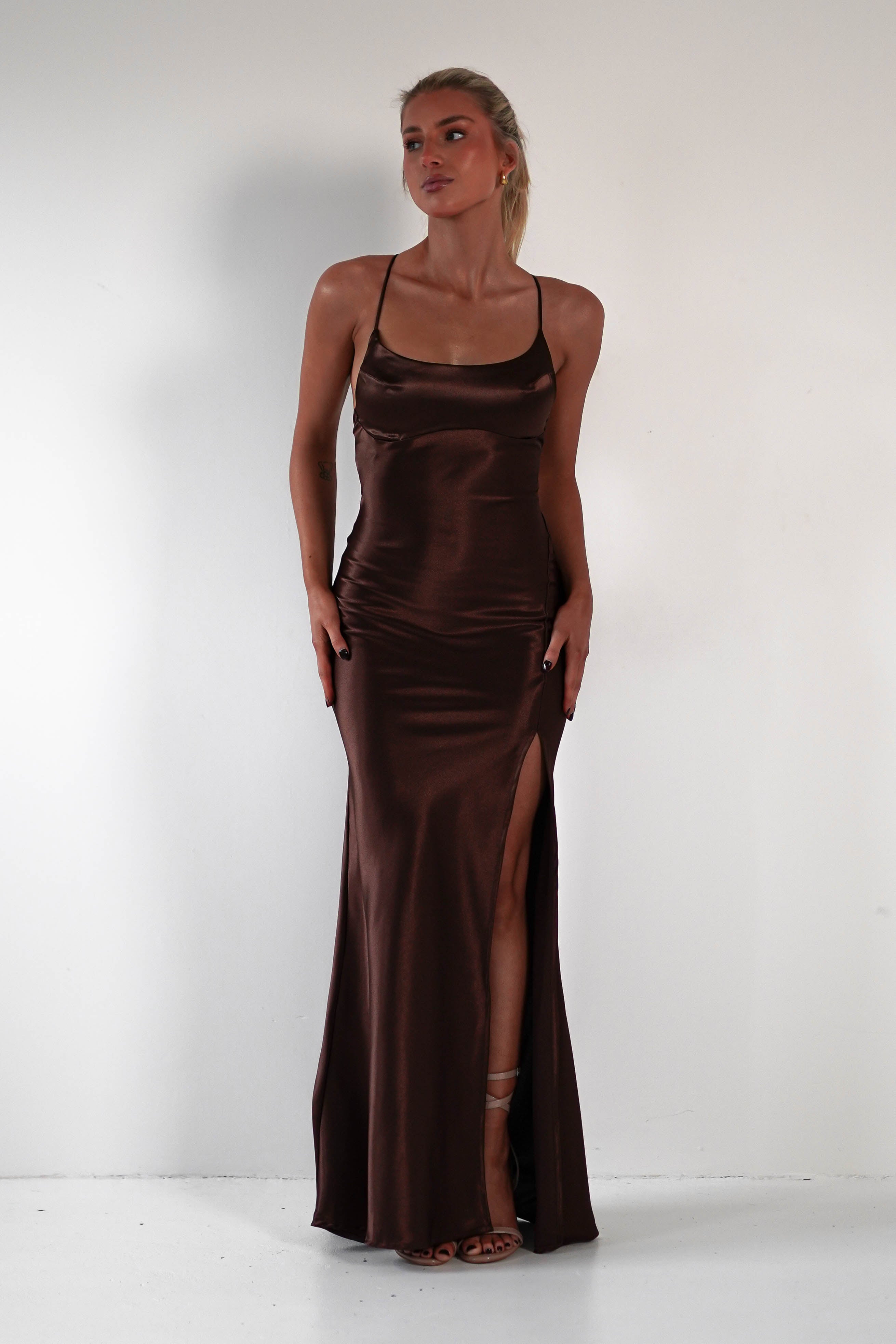 Celinee Satin Maxi Gown | Brown | Debs & Prom | Formal Gown | Oh Hello Clothing