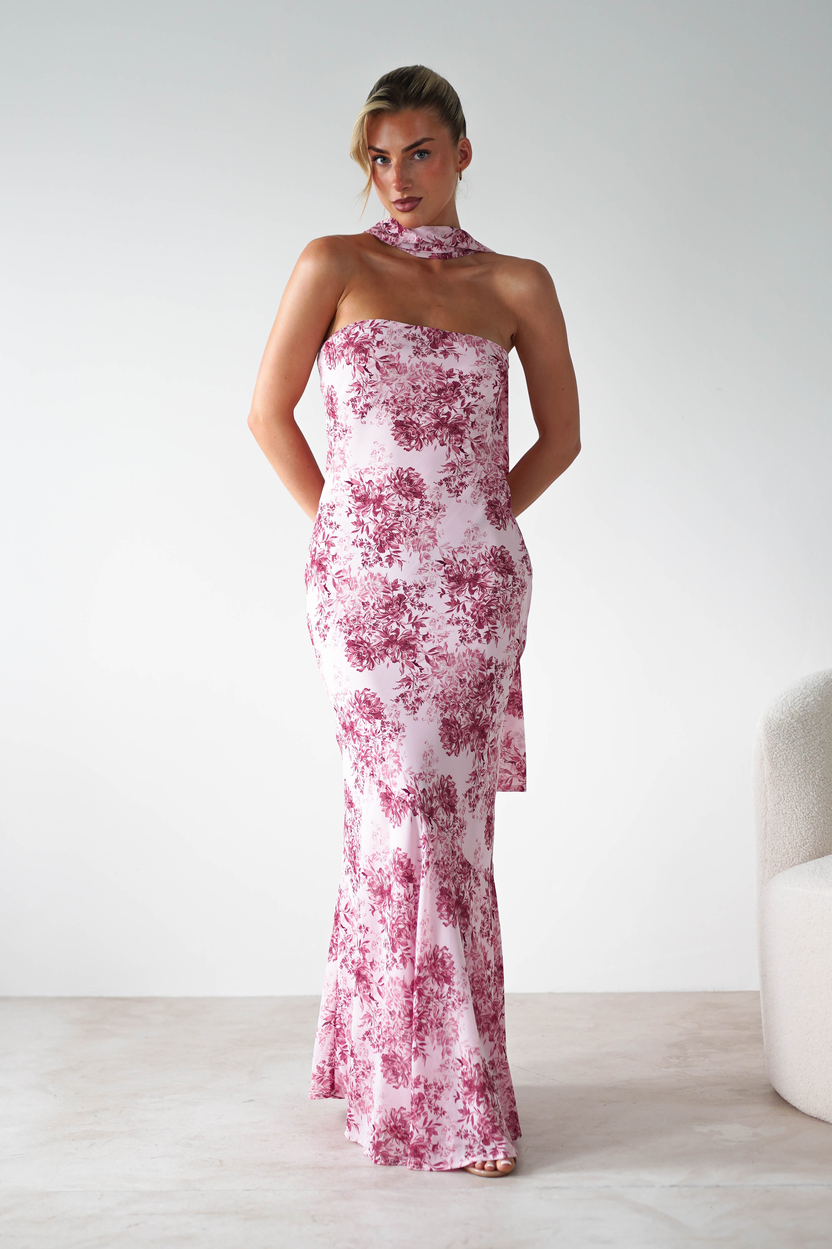 Charlene Floral Chiffon Maxi Dress Pink Print | Wedding Guest Dress | Maxi | Chiffon | Oh Hello Clothing