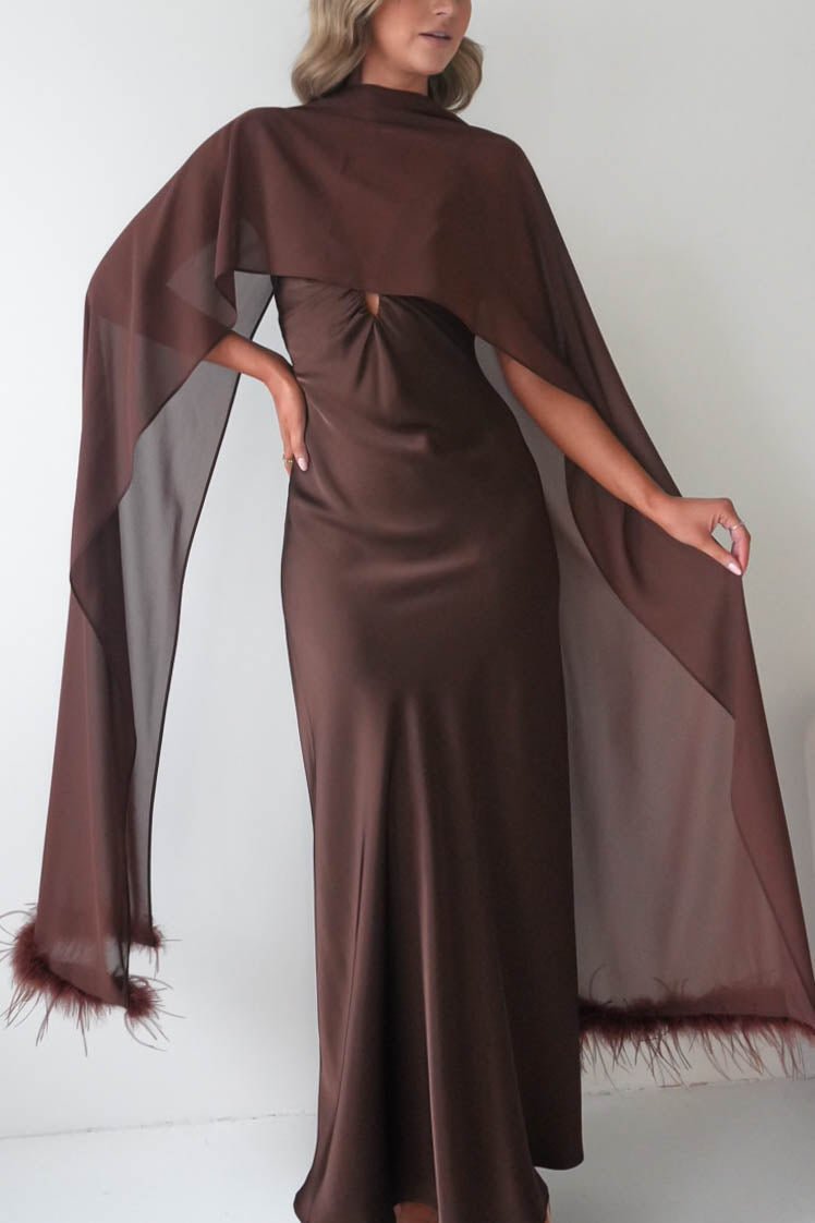 Oh Hello Clothing S (8) Chelle Chiffon Wrap Shawl With Feather Trim | Brown