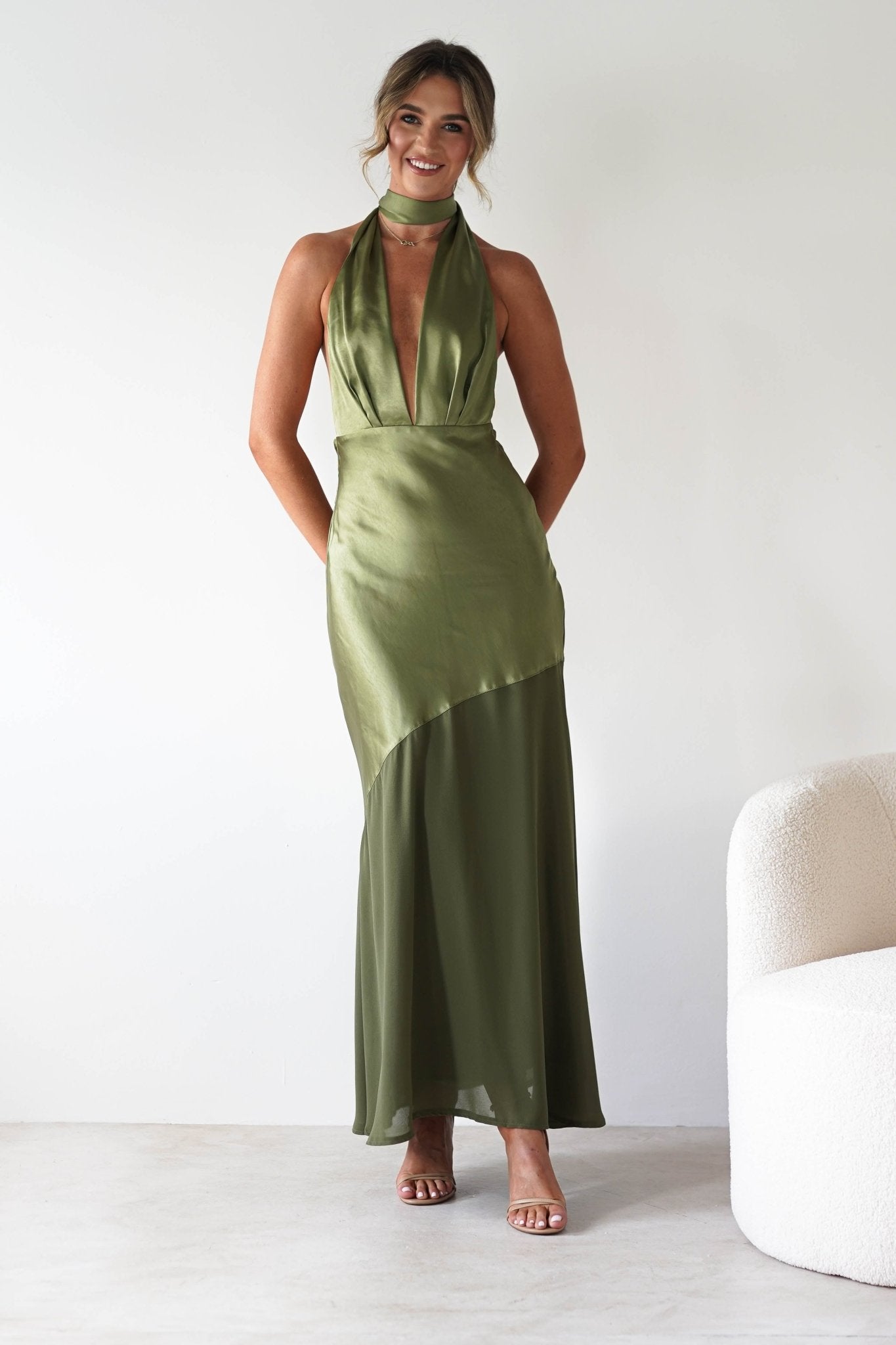 Cheree Silky Halterneck Maxi Dress Olive | Wedding Guest Dress | Halter Neck | Maxi | Oh Hello Clothing