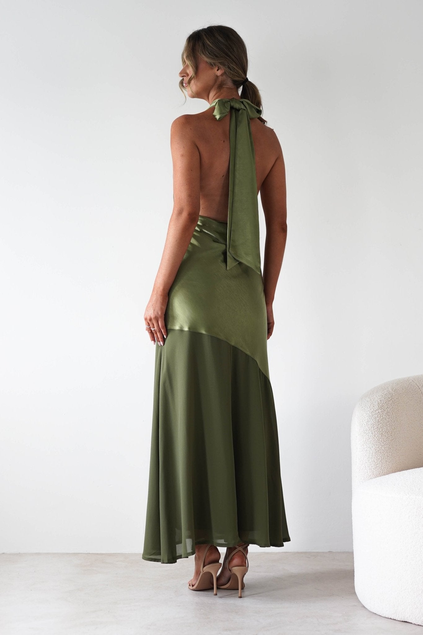 Cheree Silky Halterneck Maxi Dress Olive | Wedding Guest Dress | Halter Neck | Maxi | Oh Hello Clothing
