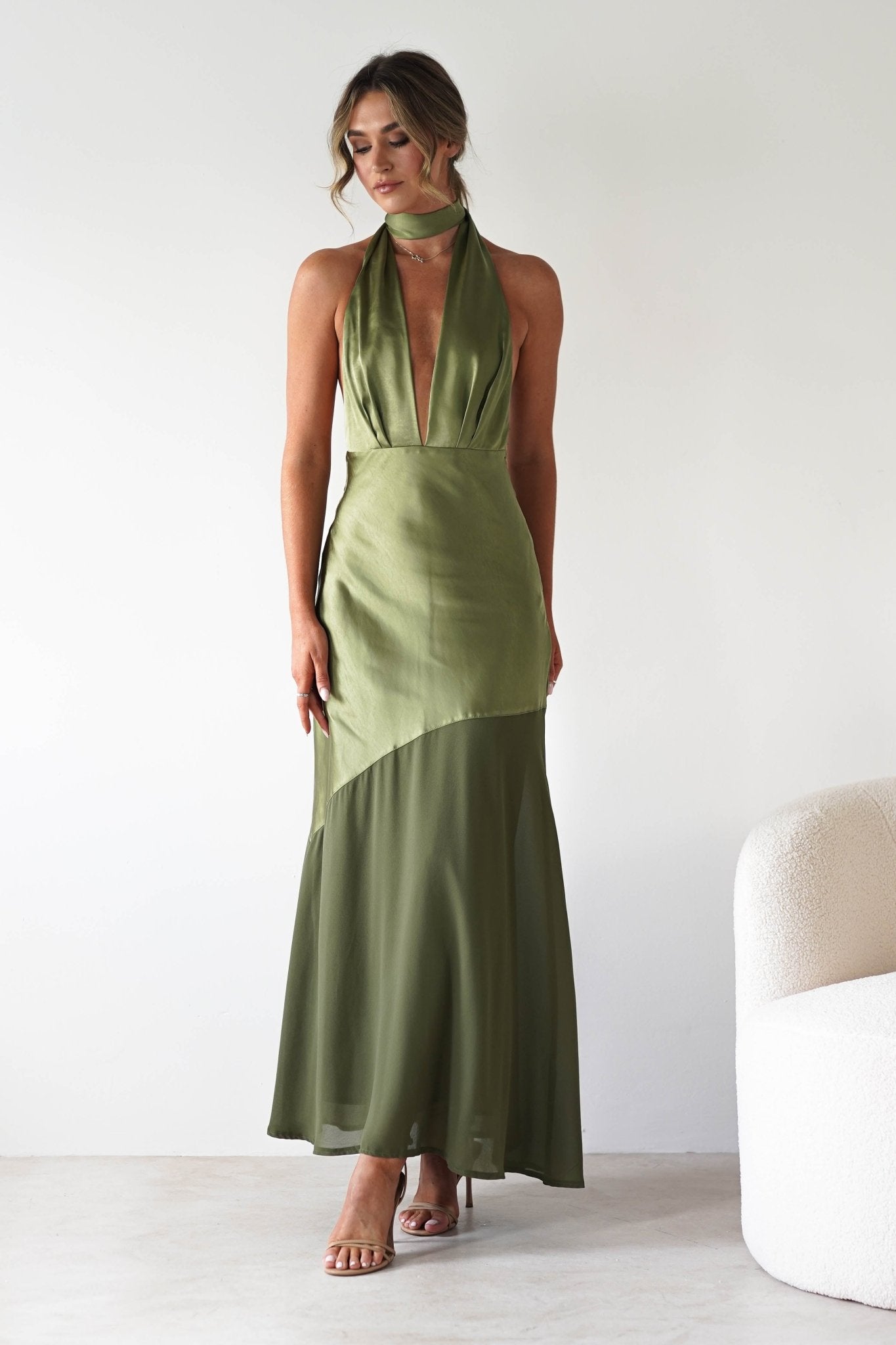 Cheree Silky Halterneck Maxi Dress Olive | Wedding Guest Dress | Halter Neck | Maxi | Oh Hello Clothing