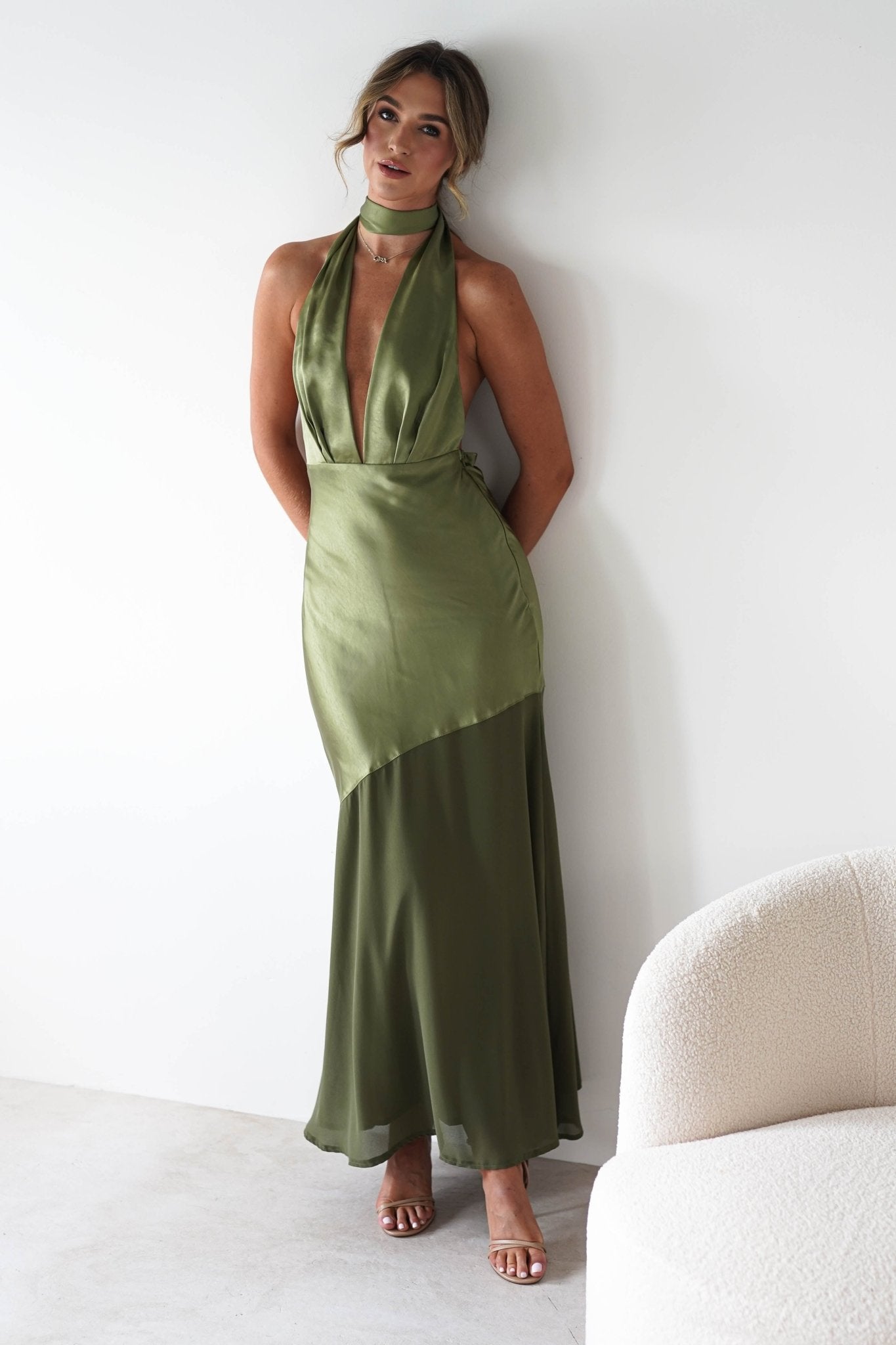Cheree Silky Halterneck Maxi Dress Olive | Wedding Guest Dress | Halter Neck | Maxi | Oh Hello Clothing