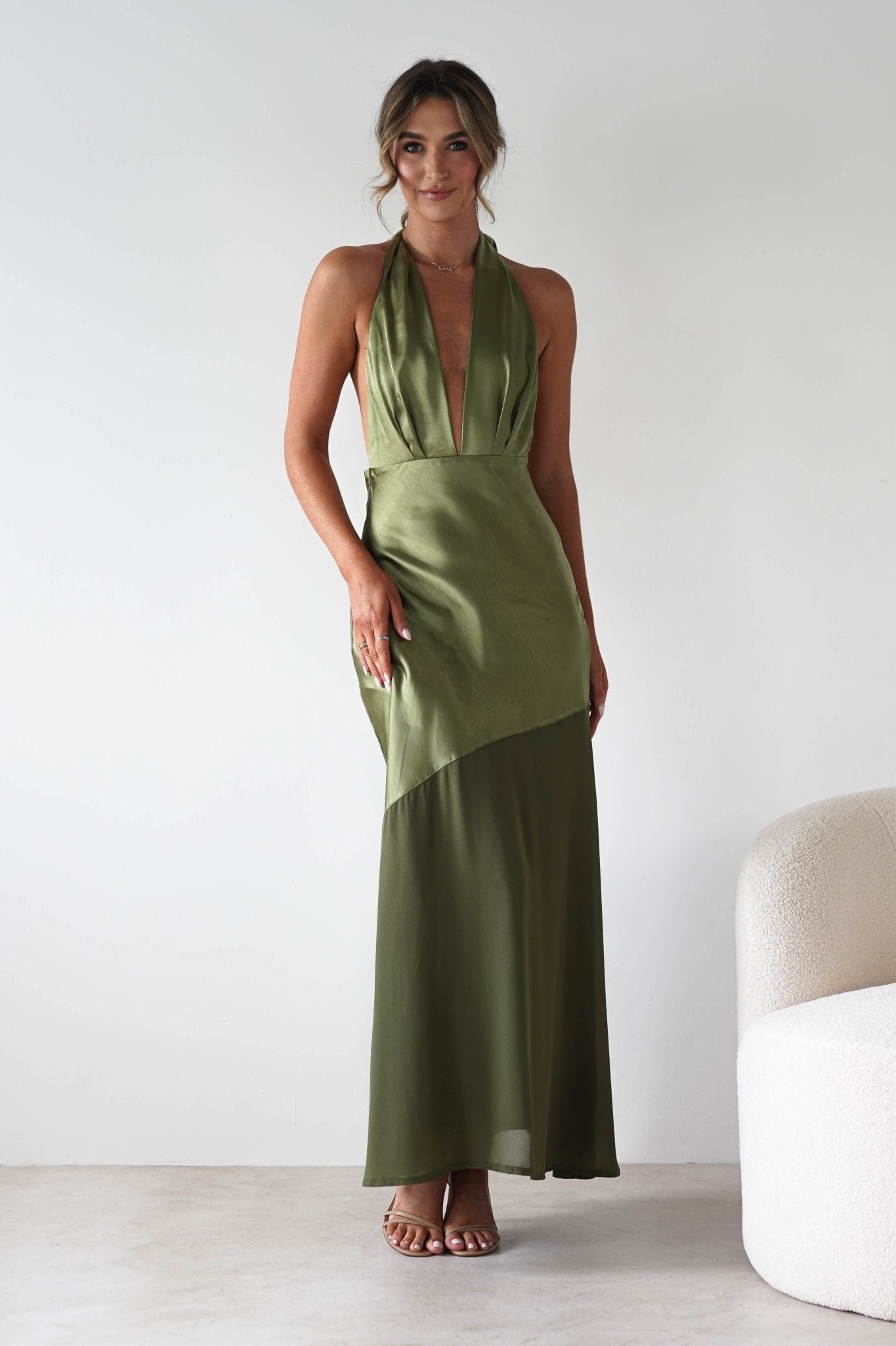 Cheree Silky Halterneck Maxi Dress Olive | Wedding Guest Dress | Halter Neck | Maxi | Oh Hello Clothing