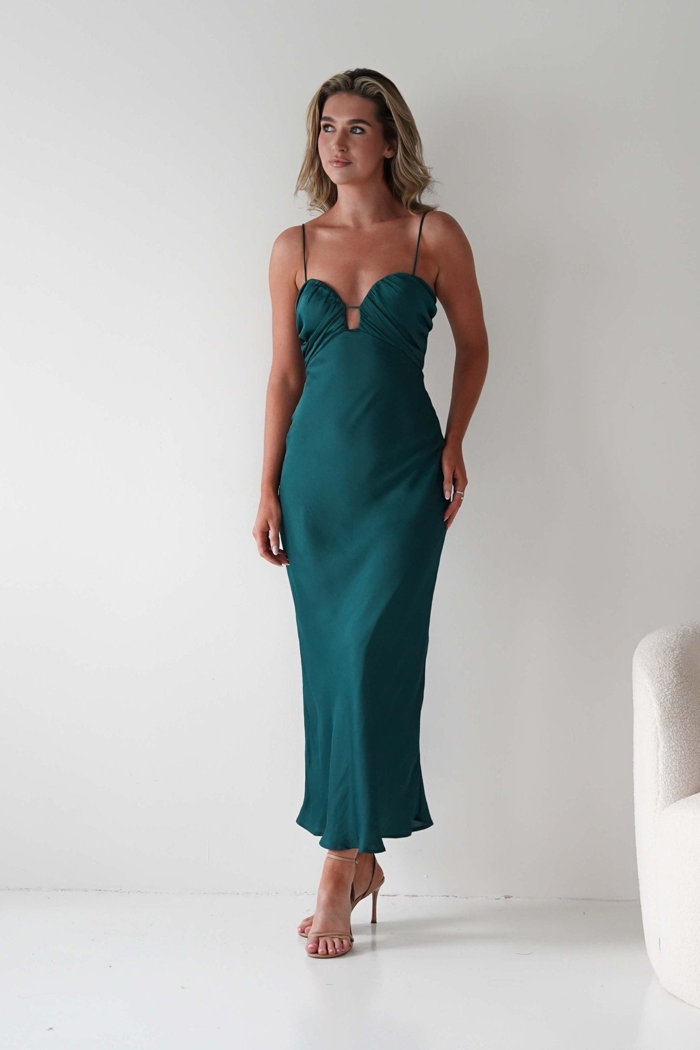 Colorado Soft Satin Midi Dress | Emerald Green | Wedding Guest Dress | Oh Hello Clothing