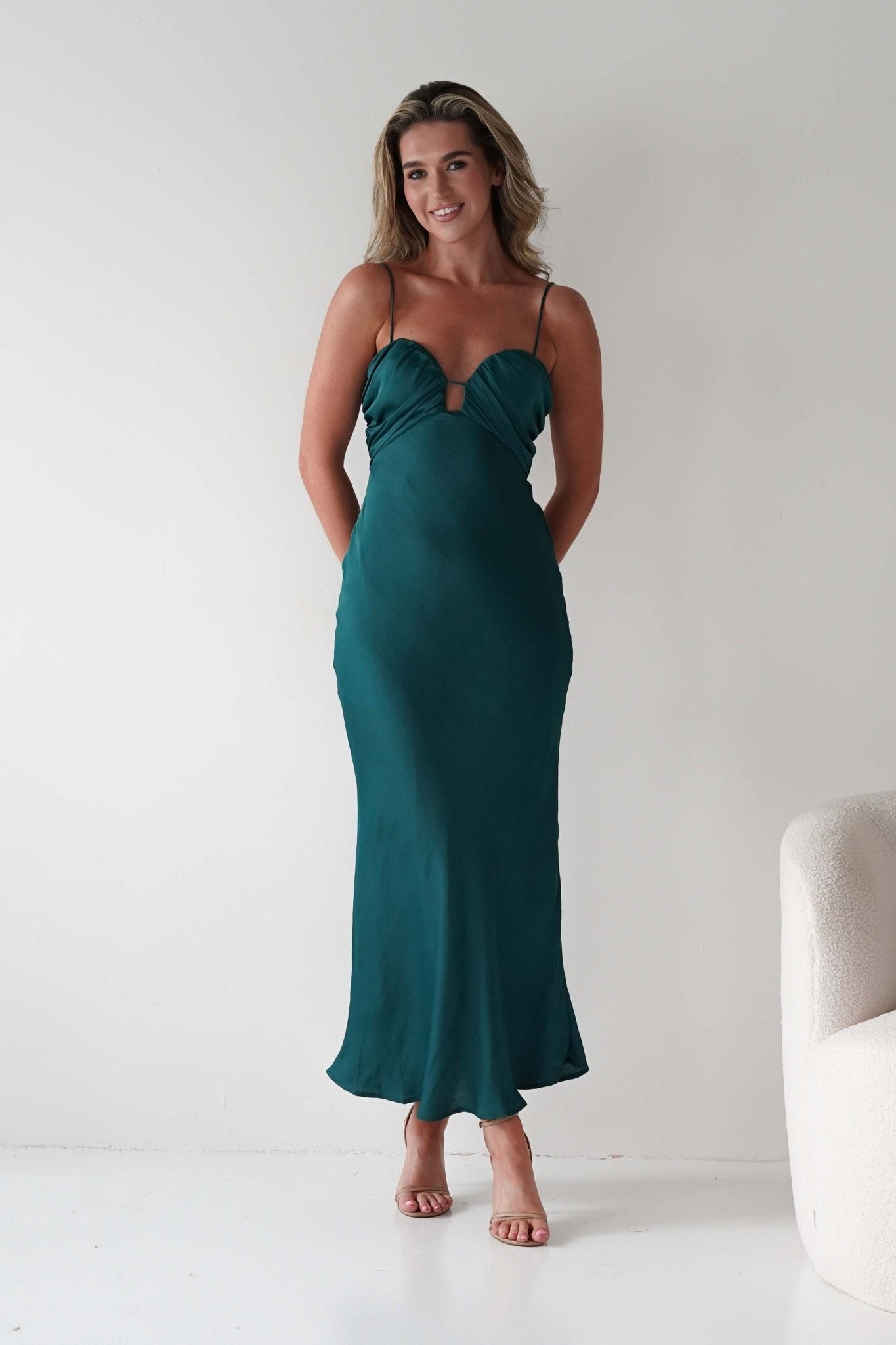 Colorado Soft Satin Midi Dress | Emerald Green | Wedding Guest Dress | Oh Hello Clothing