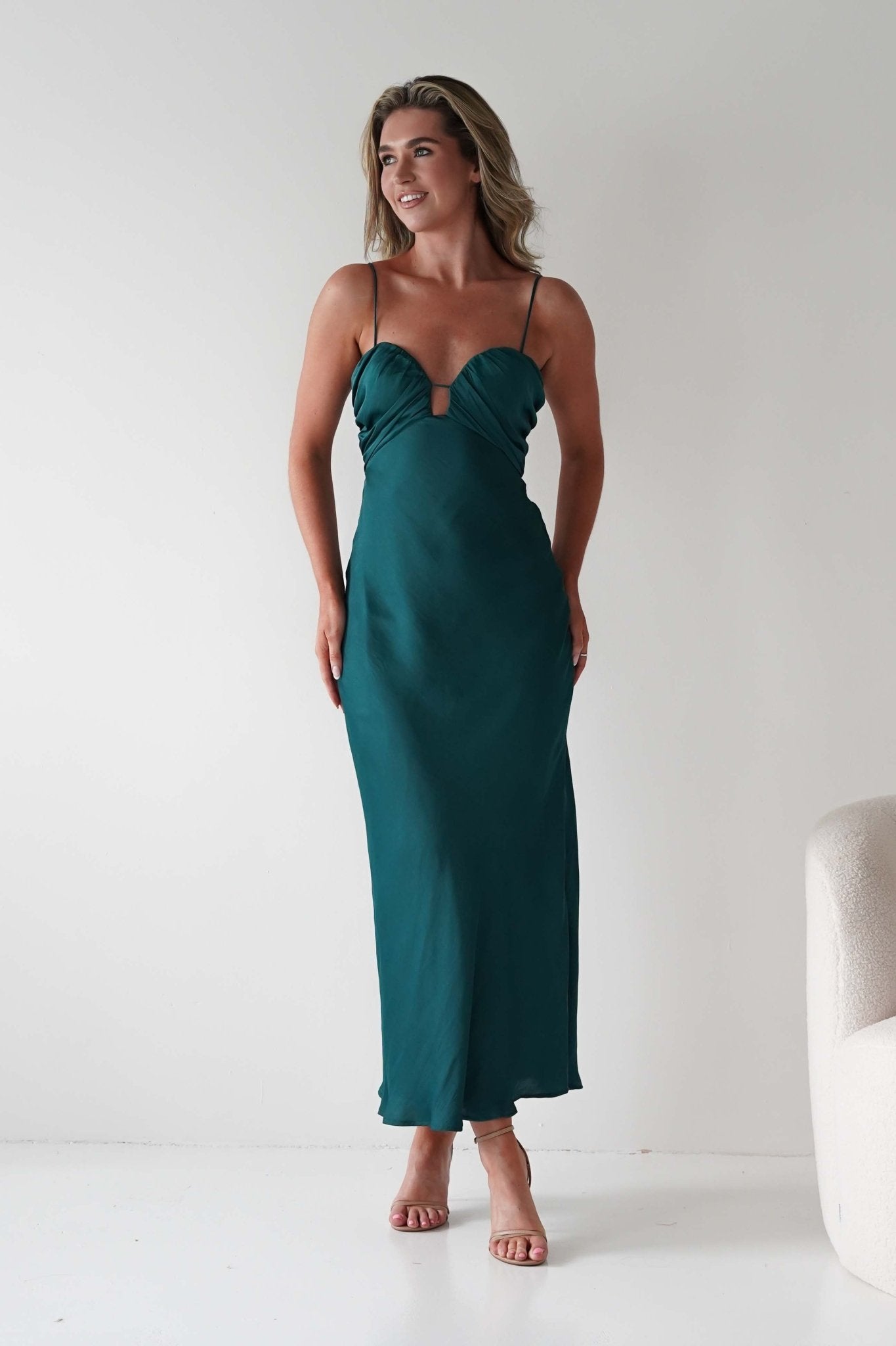 Colorado Soft Satin Midi Dress | Emerald Green | Wedding Guest Dress | Oh Hello Clothing