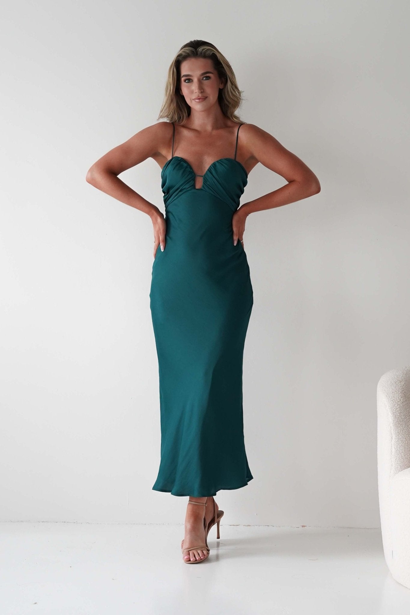 Colorado Soft Satin Midi Dress | Emerald Green | Wedding Guest Dress | Oh Hello Clothing