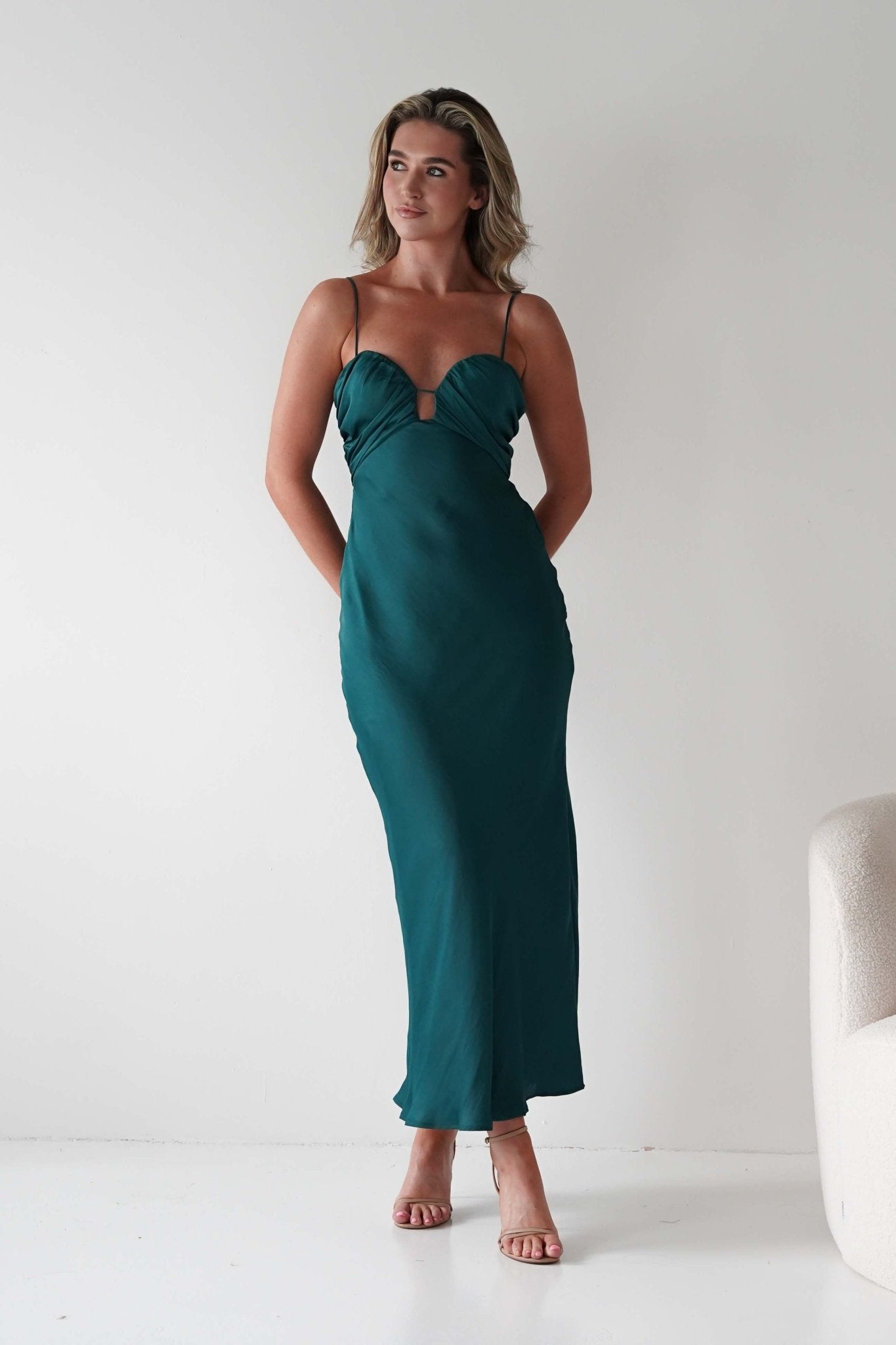 Colorado Soft Satin Midi Dress | Emerald Green | Wedding Guest Dress | Oh Hello Clothing