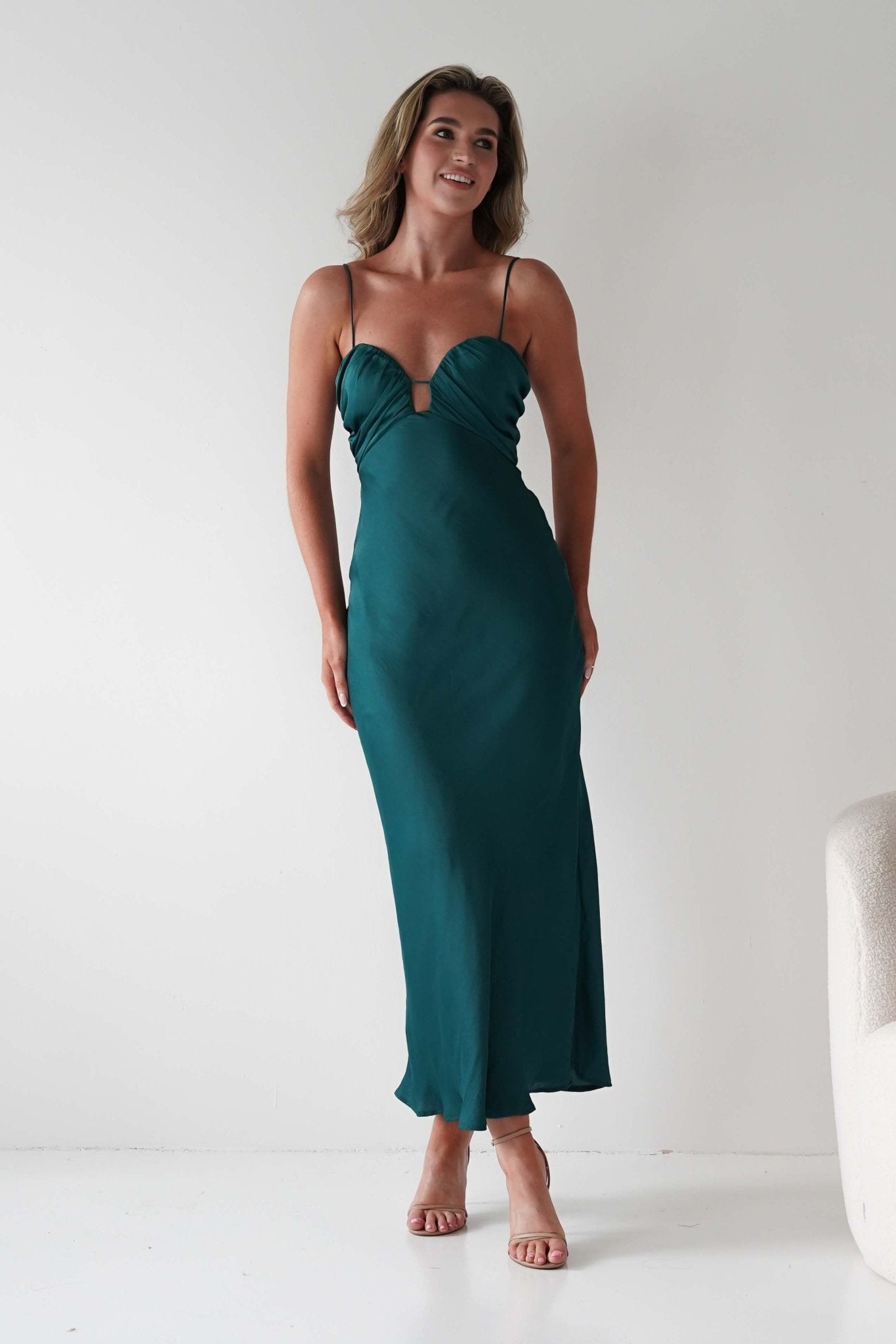 Colorado Soft Satin Midi Dress | Emerald Green | Wedding Guest Dress | Oh Hello Clothing