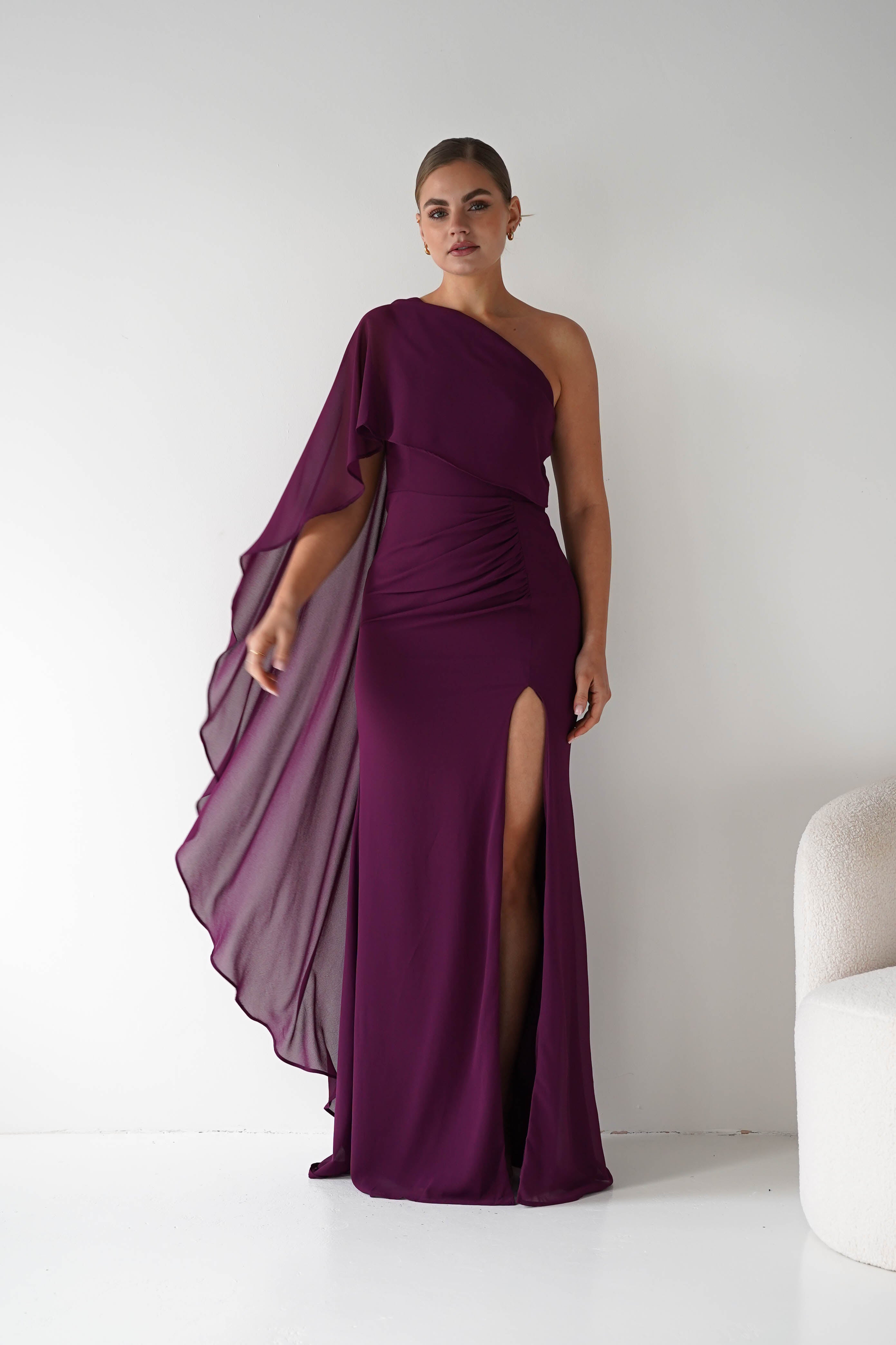 Oh Hello Clothing Women > Clothing > Dresses Criselda One Shoulder Chiffon Maxi Dress | Plum
