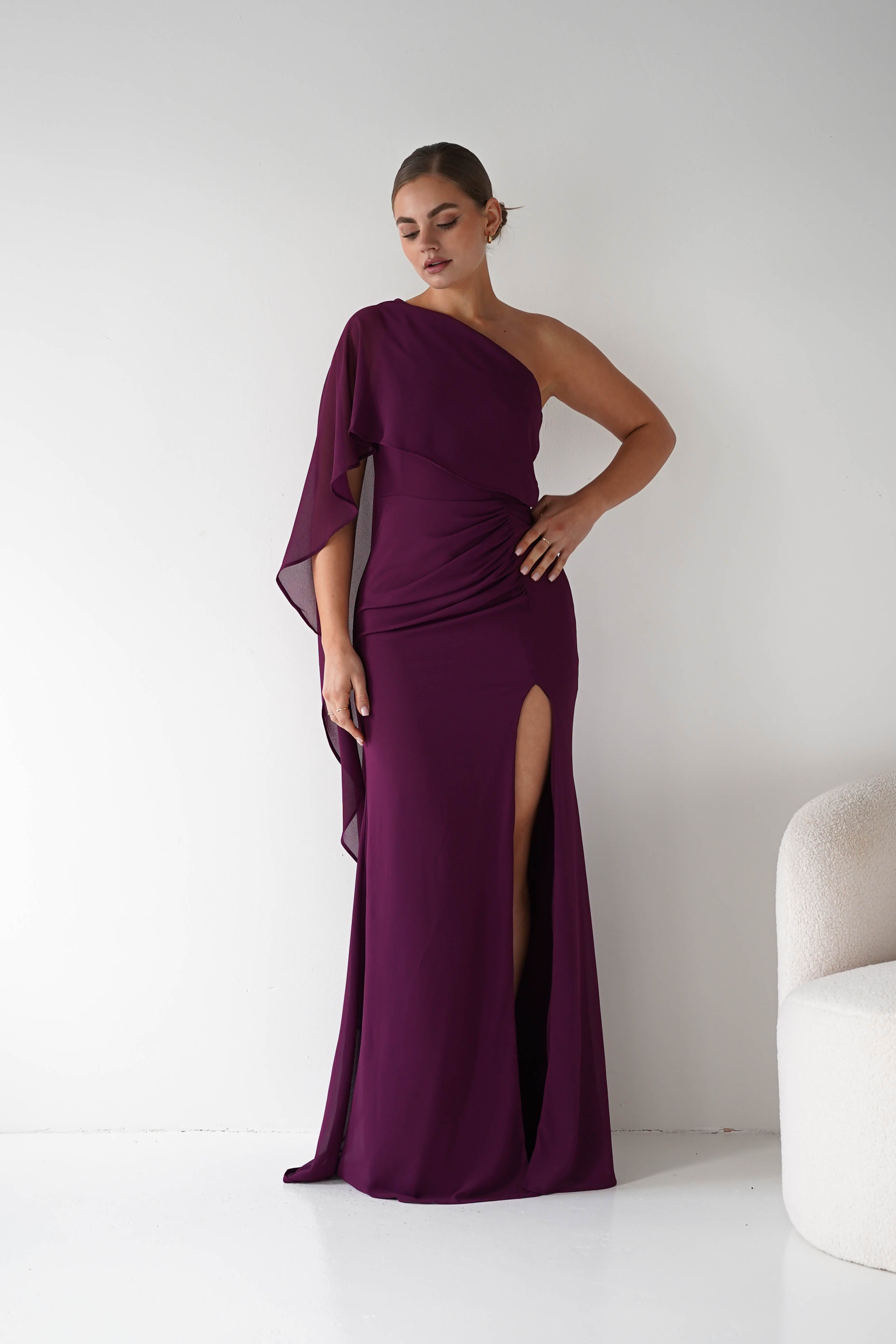 Oh Hello Clothing Women > Clothing > Dresses Criselda One Shoulder Chiffon Maxi Dress | Plum