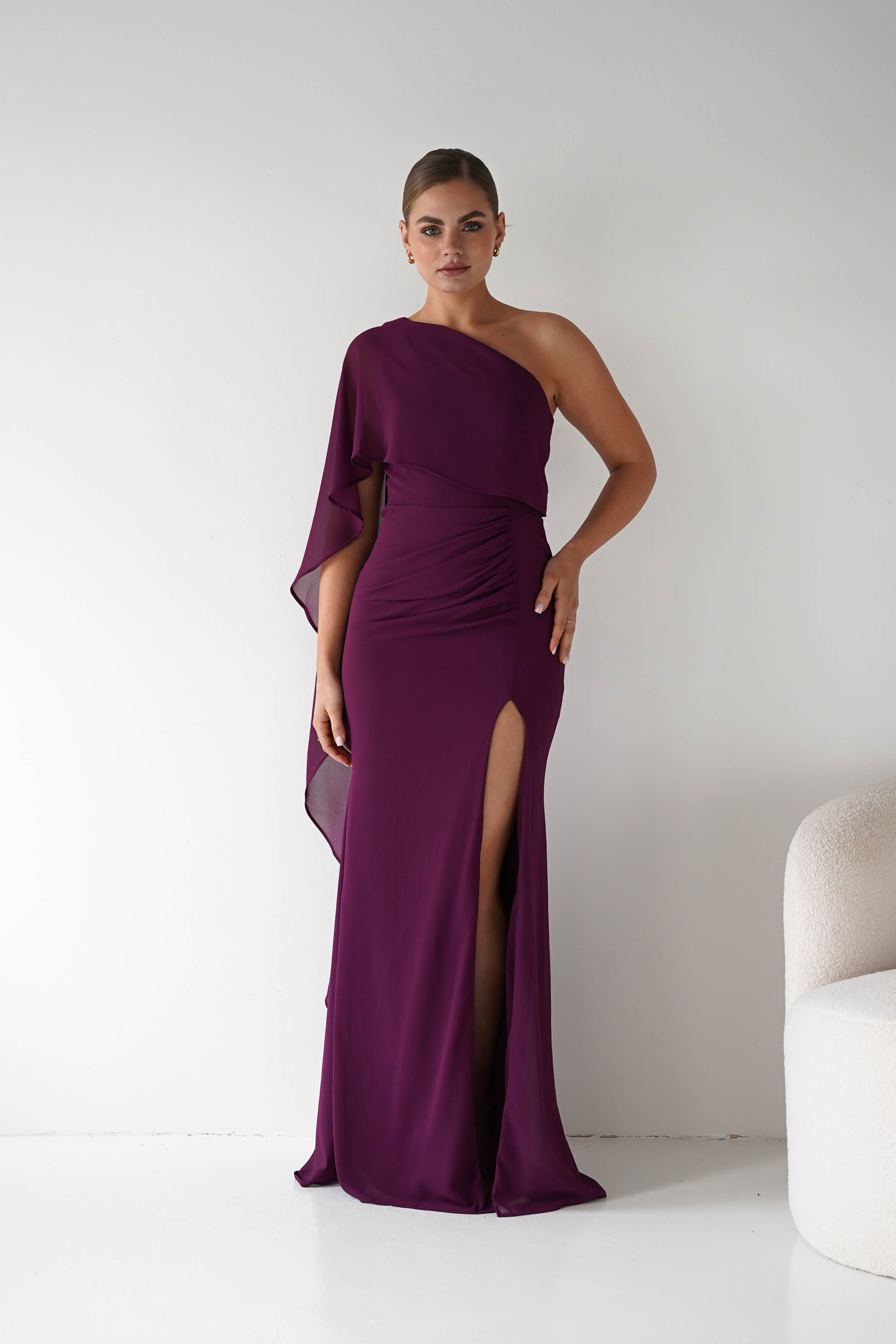 Oh Hello Clothing Women > Clothing > Dresses Criselda One Shoulder Chiffon Maxi Dress | Plum