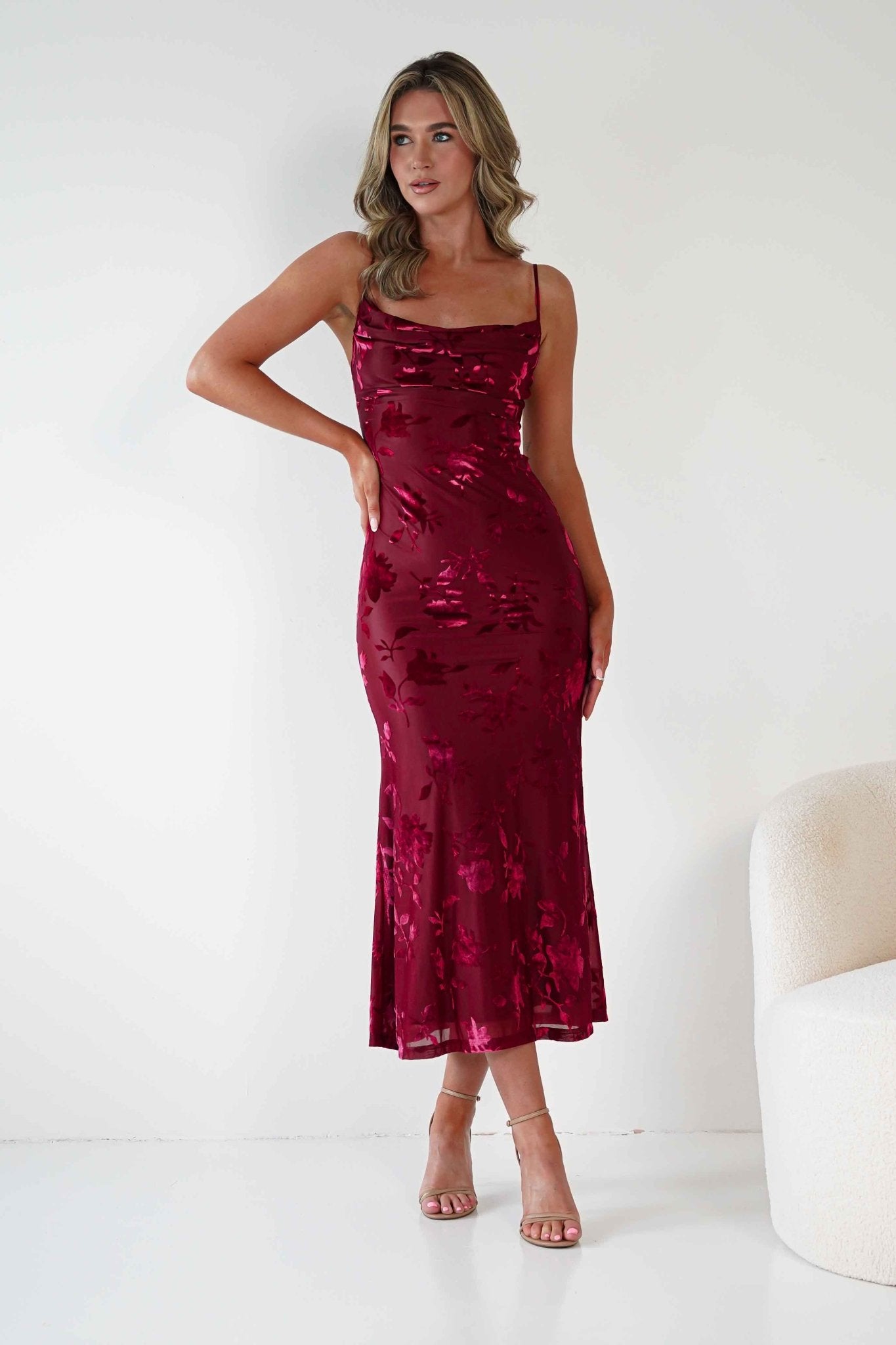 Dahlia Floral Jacquard Maxi Dress Wine | Wedding Guest Dress | Maxi | Oh Hello Clothing