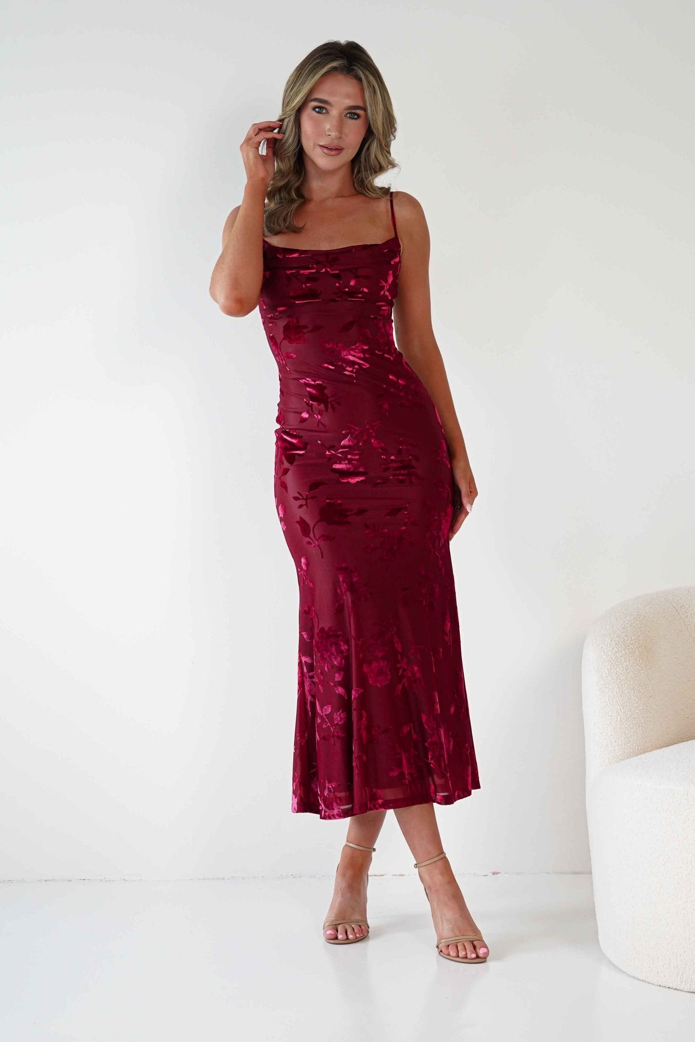 Dahlia Floral Jacquard Maxi Dress Wine | Wedding Guest Dress | Maxi | Oh Hello Clothing