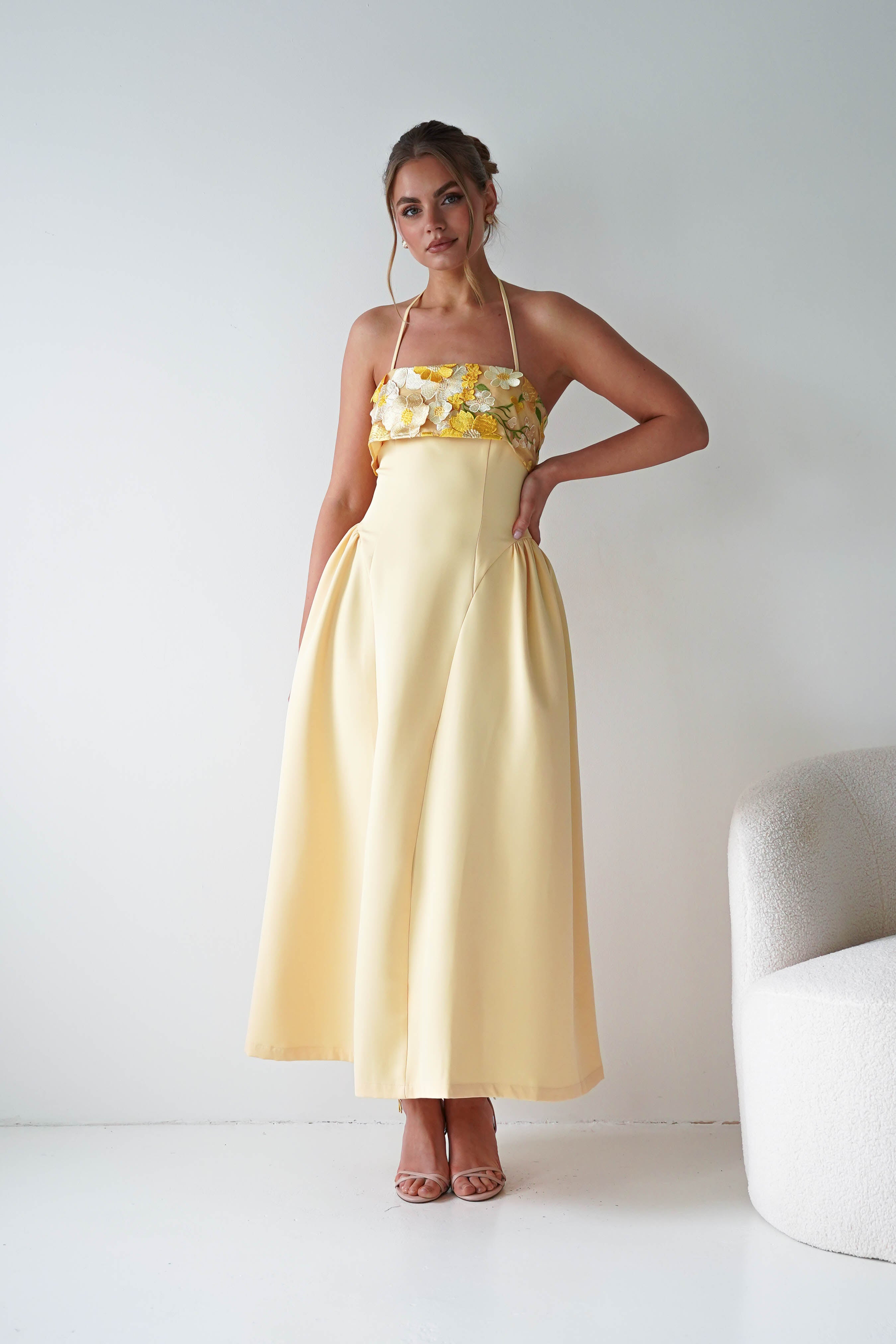 Oh Hello Clothing Women > Clothing > Dresses Daphne Embroidered Floral Midaxi Dress | Yellow