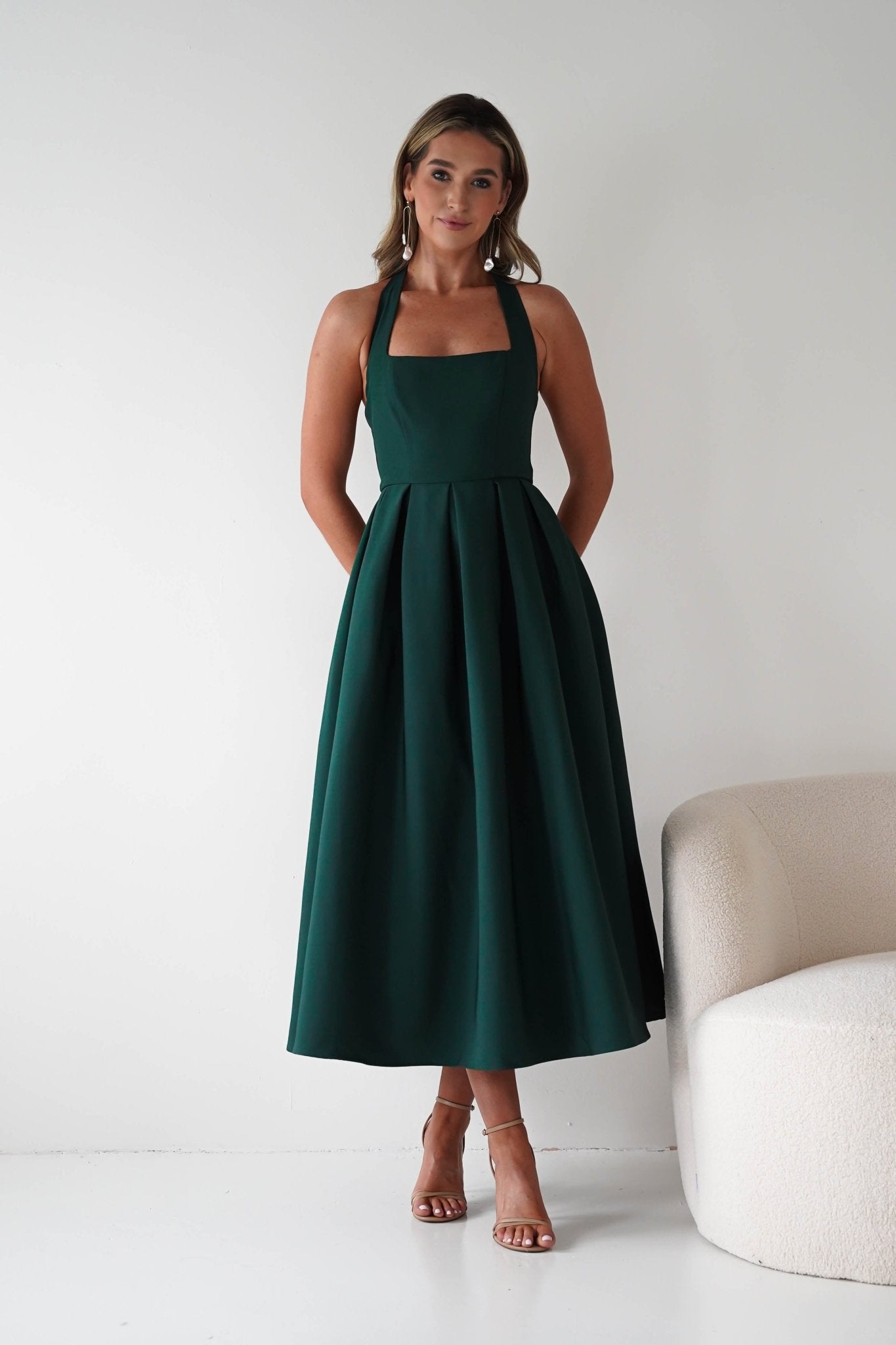 Daria Halter Neck Midi Dress | Forest Green| Wedding Guest Dress | Oh Hello Clothing