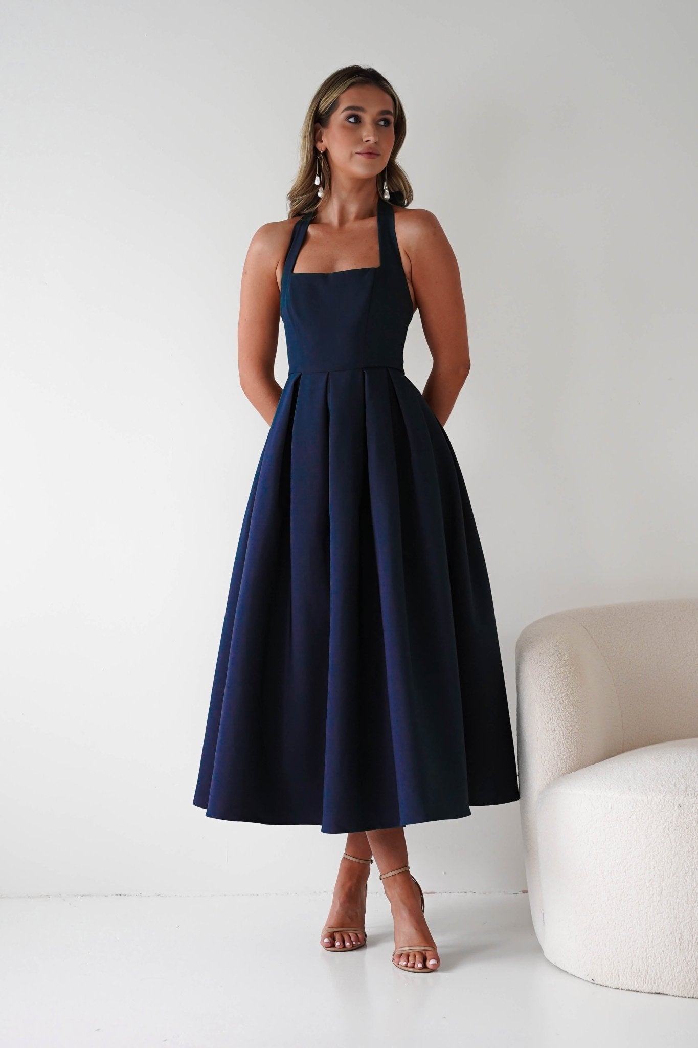 Daria Halter Neck Midi Dress | Navy| Wedding Guest Dress | Oh Hello Clothing